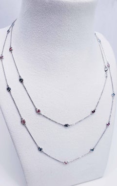 Rope Necklace in 14K White Gold 36" Length with Blue and Pink Round Diamonds