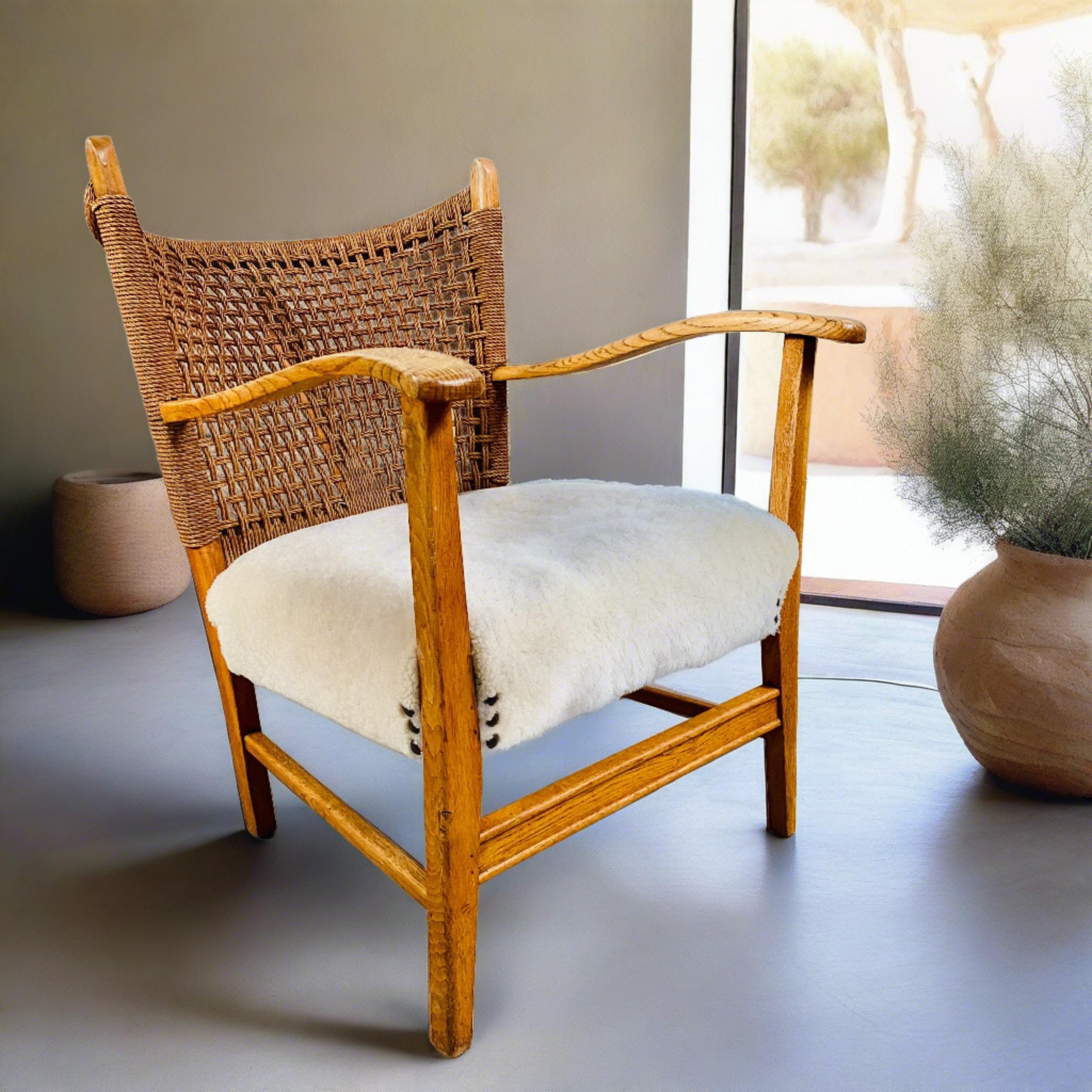 Mid-20th Century Rope, Oak and Sheepskin Arm Chair by Bas Van Pelt, Netherlands 1940 For Sale