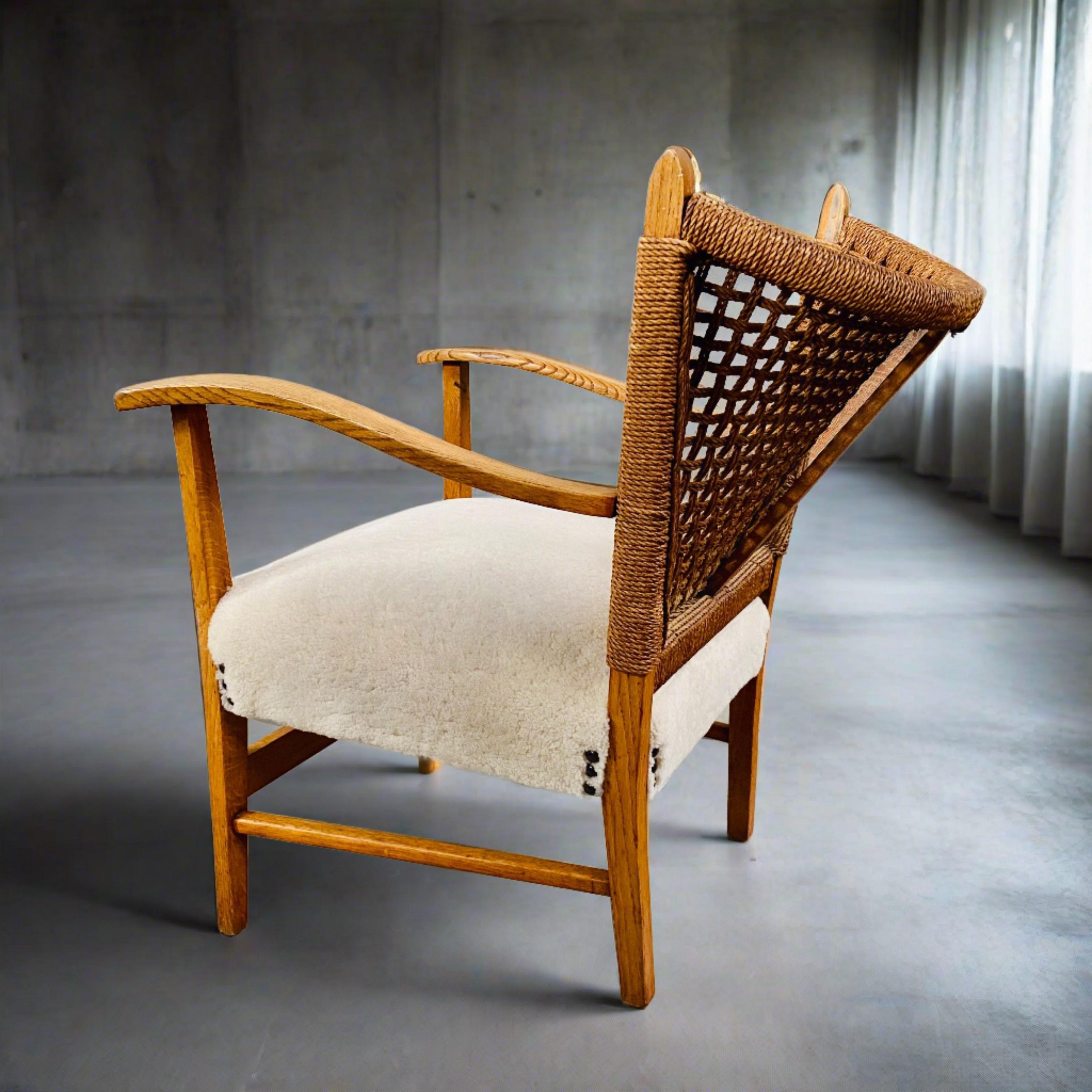 Rustic Rope, Oak and Sheepskin Arm Chair by Bas Van Pelt, Netherlands 1940