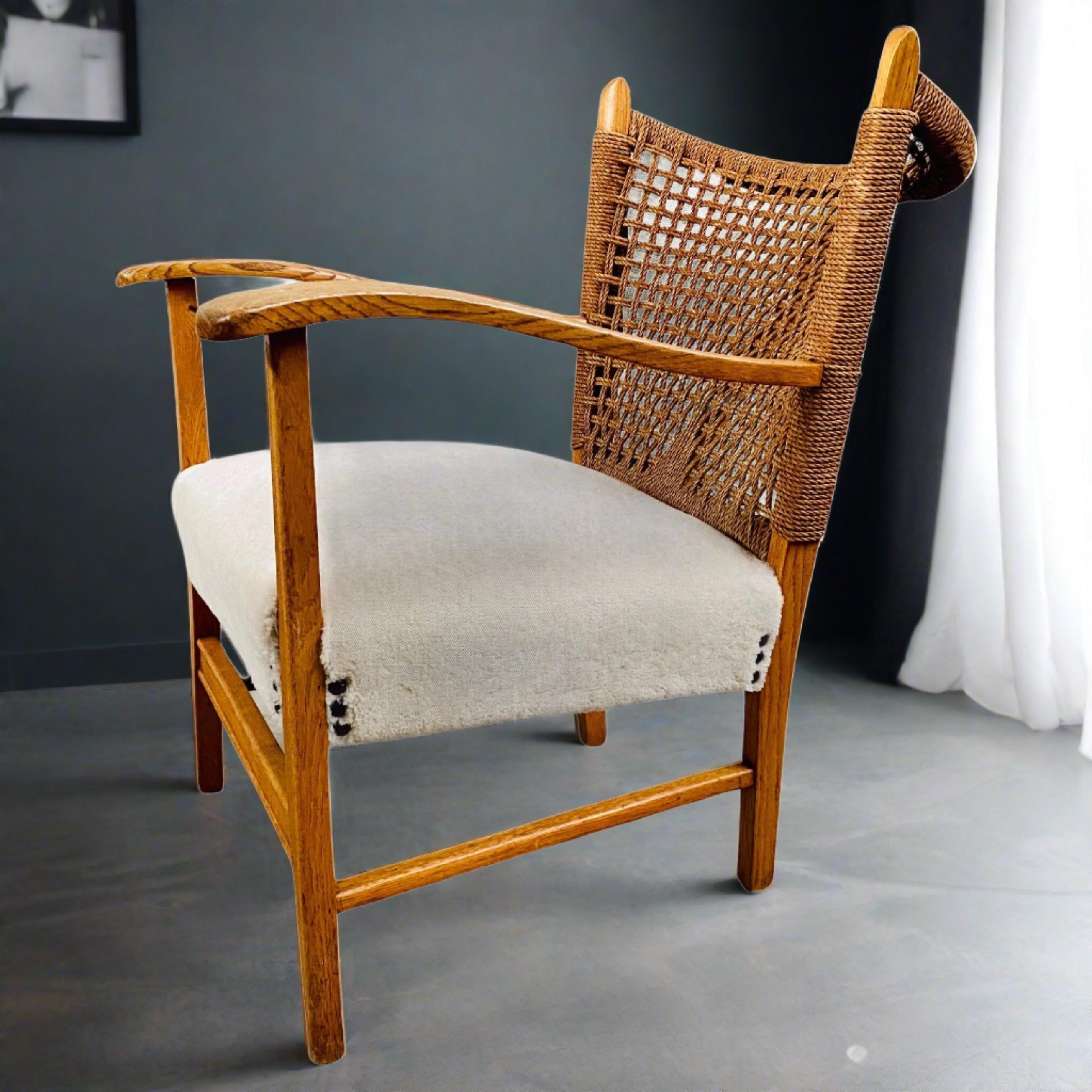 Dutch Rope, Oak and Sheepskin Arm Chair by Bas Van Pelt, Netherlands 1940 For Sale