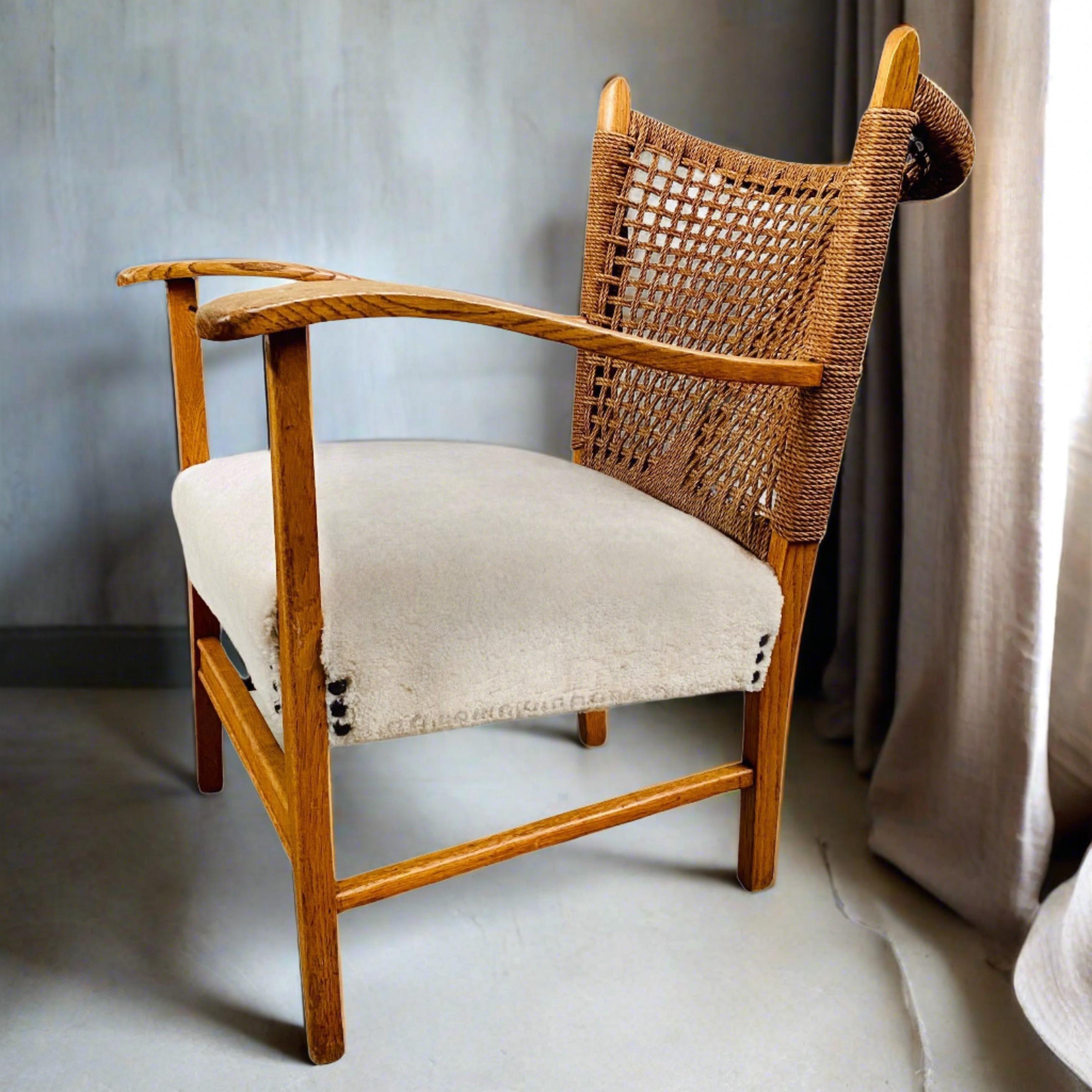 Rope, Oak and Sheepskin Arm Chair by Bas Van Pelt, Netherlands 1940 In Good Condition For Sale In DE MEERN, NL