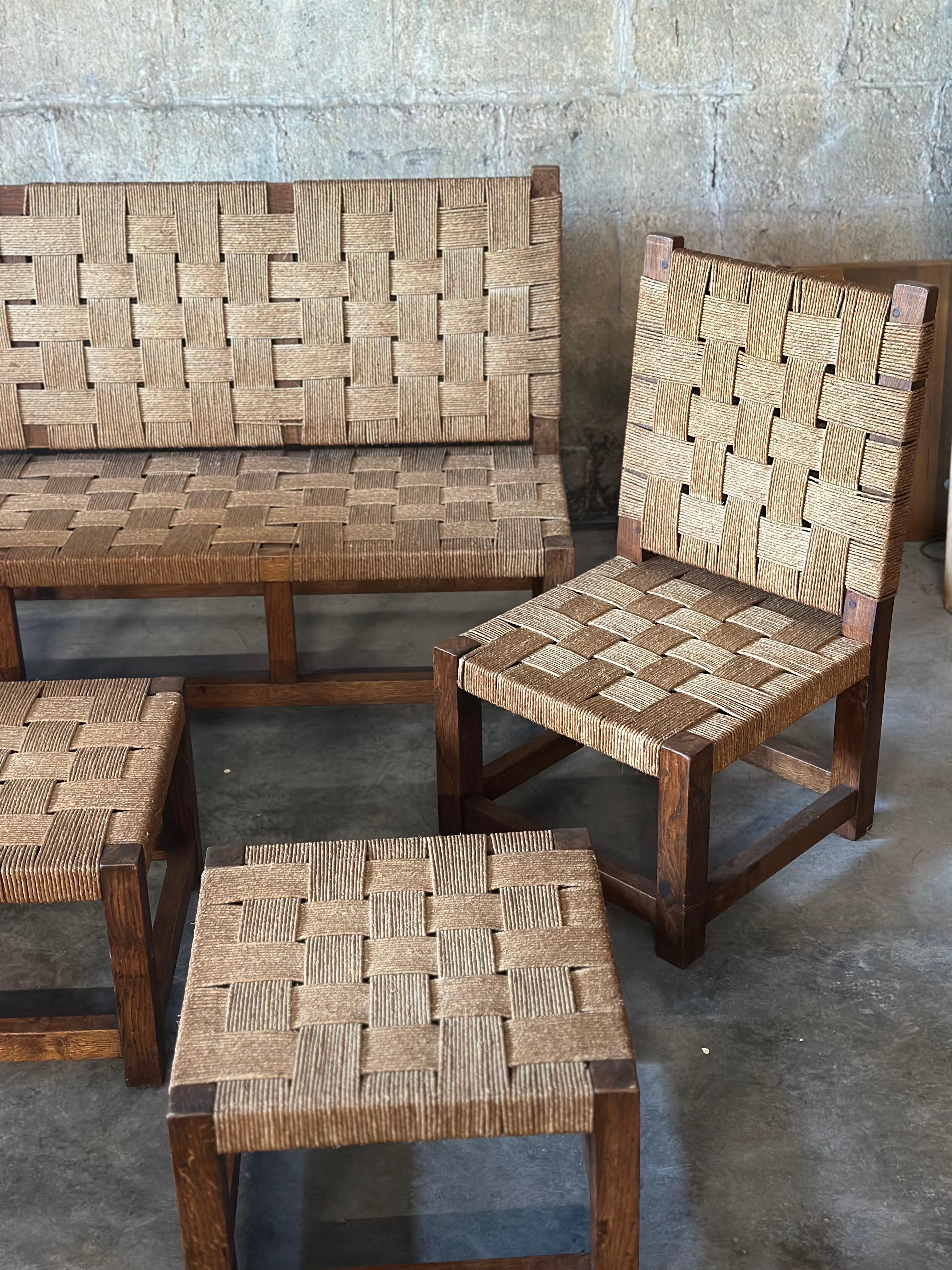 French Rope & Oak Lounge Set, in the Style of Jourdain For Sale