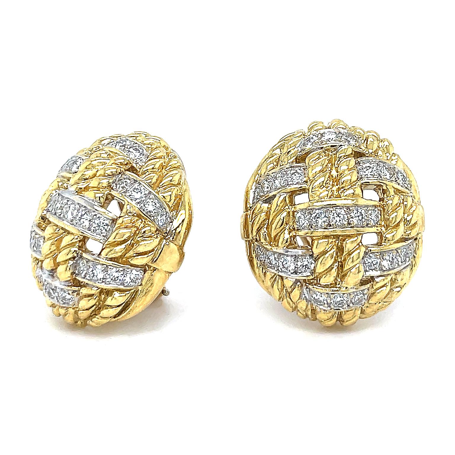 The glow of 18k yellow gold features the brilliance of diamonds in these unique earrings. Embellished with brilliant cut diamonds, the precious metal is carved as a rope woven into a dome. The total weight of the 54 diamonds is 1.61 carats. 18k