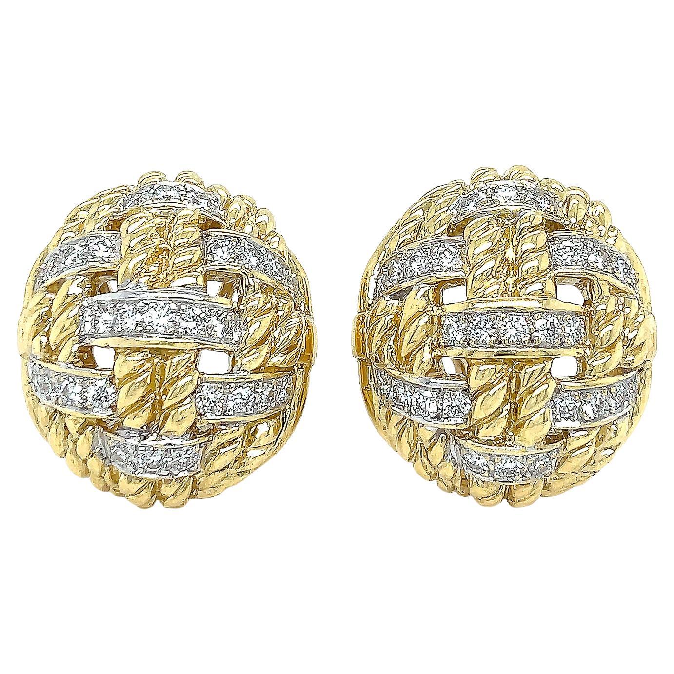 18K Yellow Gold Rope Overlap Dome Diamond Clip-on Earrings For Sale