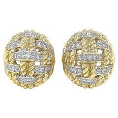 18K Yellow Gold Rope Overlap Dome Diamond Clip-on Earrings