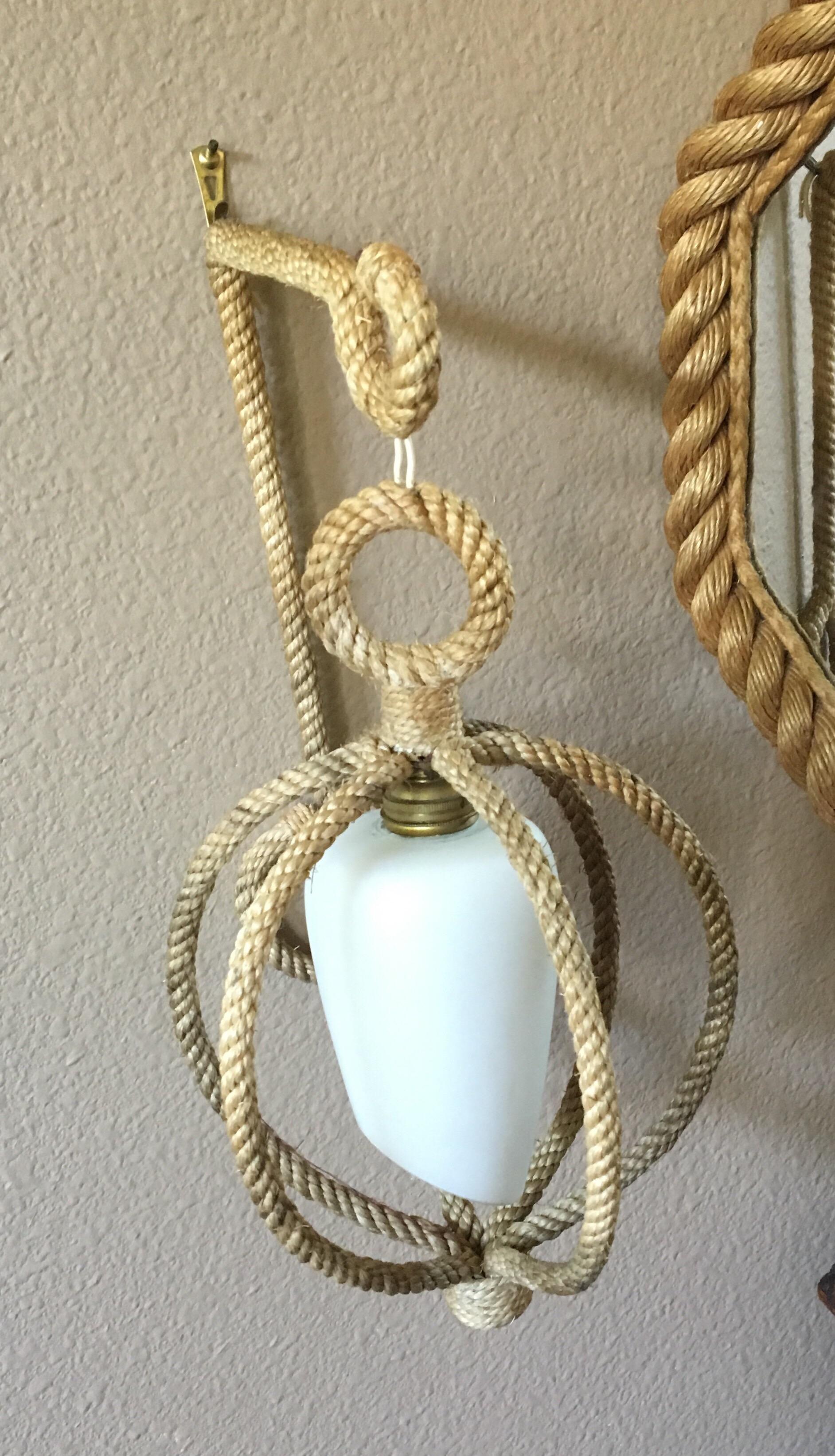 Unusual rope sconce sphere with white opaline shade Audoux Minet, circa 1960.