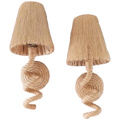 Rope Sconces with Original Raffia Shades by Audoux Minet, France, 1960s
