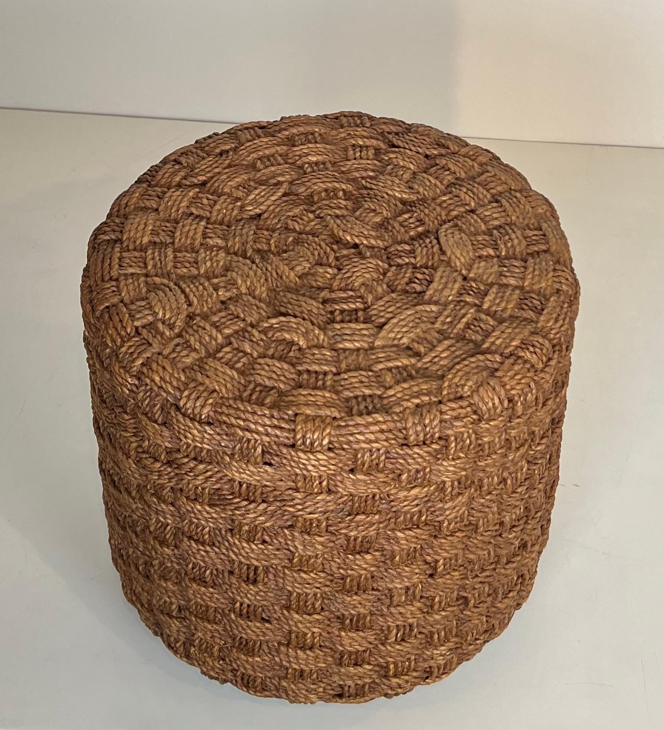 Français Tabouret en corde à pieds ronds en bois dans le style d'Audoux Minet en vente