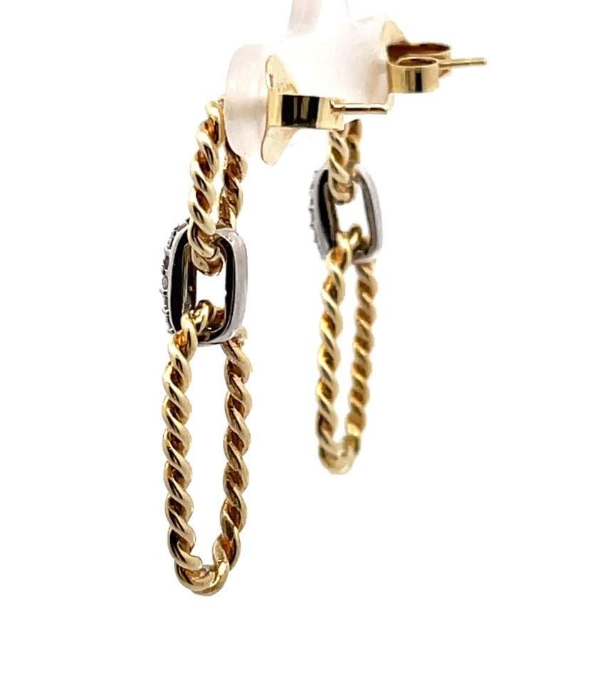 Rope Style Rectangular Cabled Drop Earrings Two Tone 14K White and Yellow Gold For Sale 2