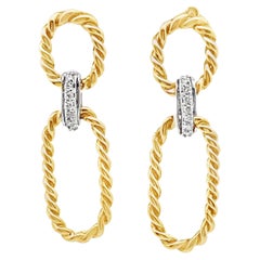 Pendientes de Gota Rectangulares Estilo Cuerda Dos Tonos Oro Blanco y Amarillo 14K