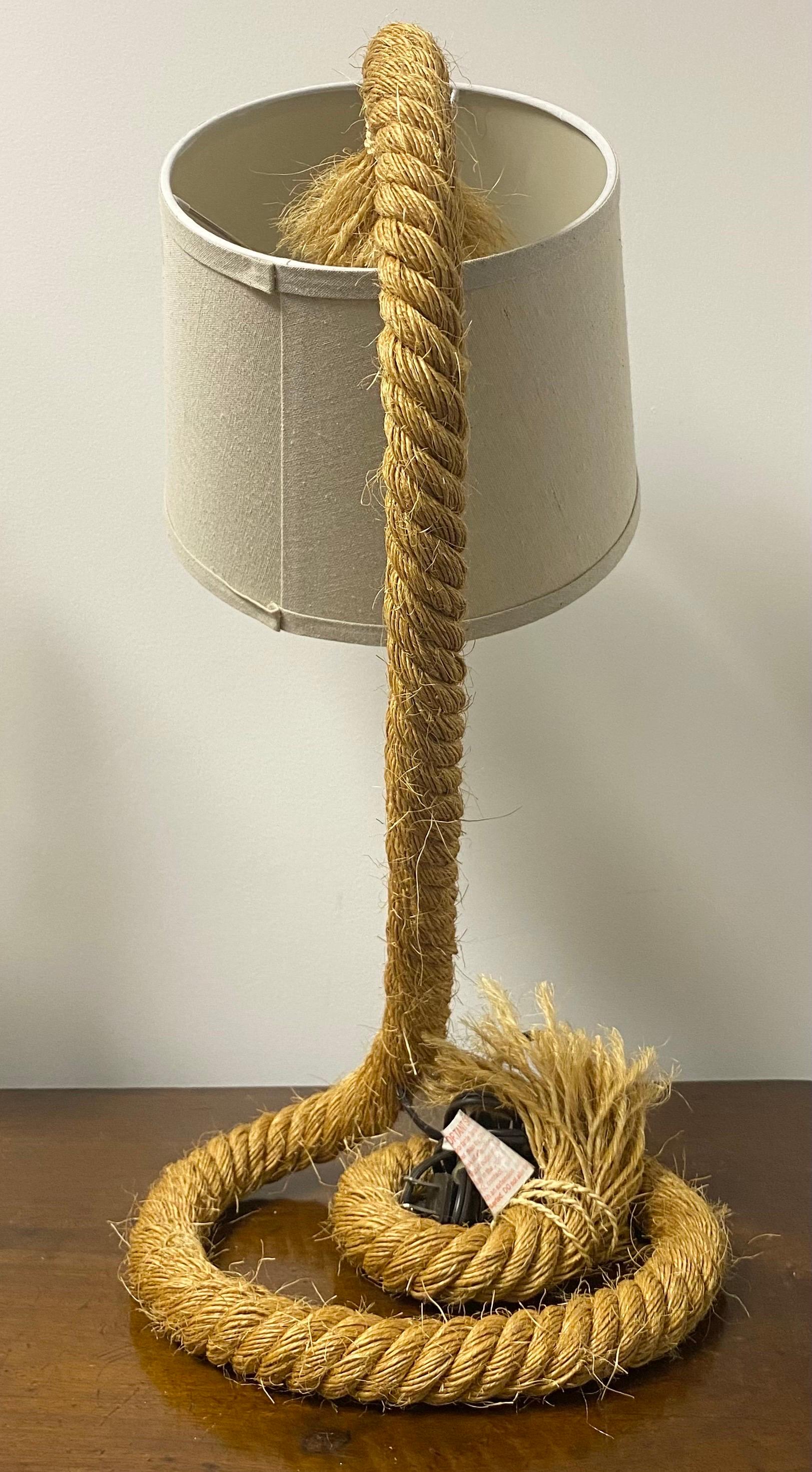 Rope table lamp with linen shade in the style of Audoux Minet.