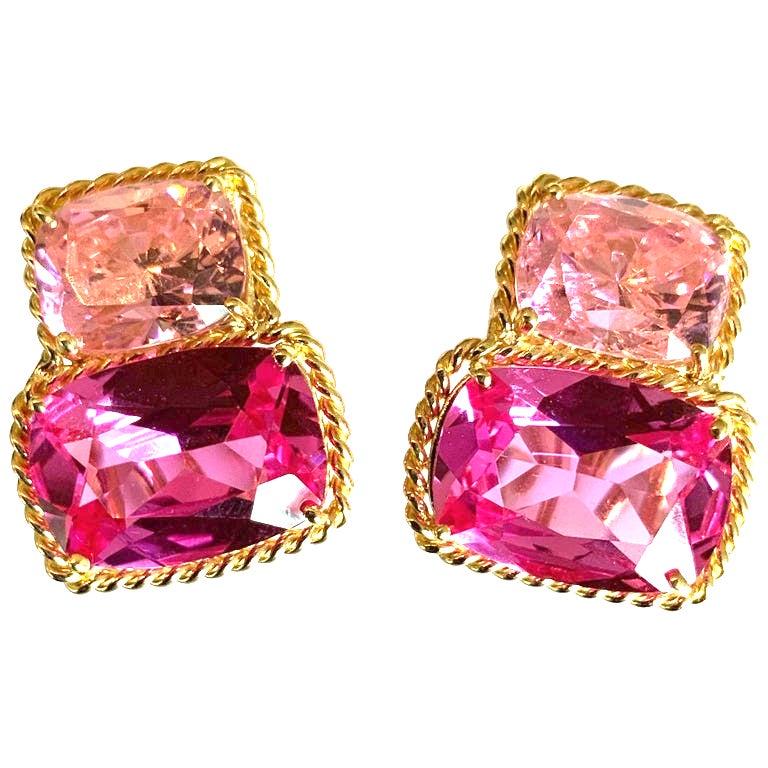 Rope Twist Border Earrings, Medium Size with Pink Topaz and Bright Pink Topaz