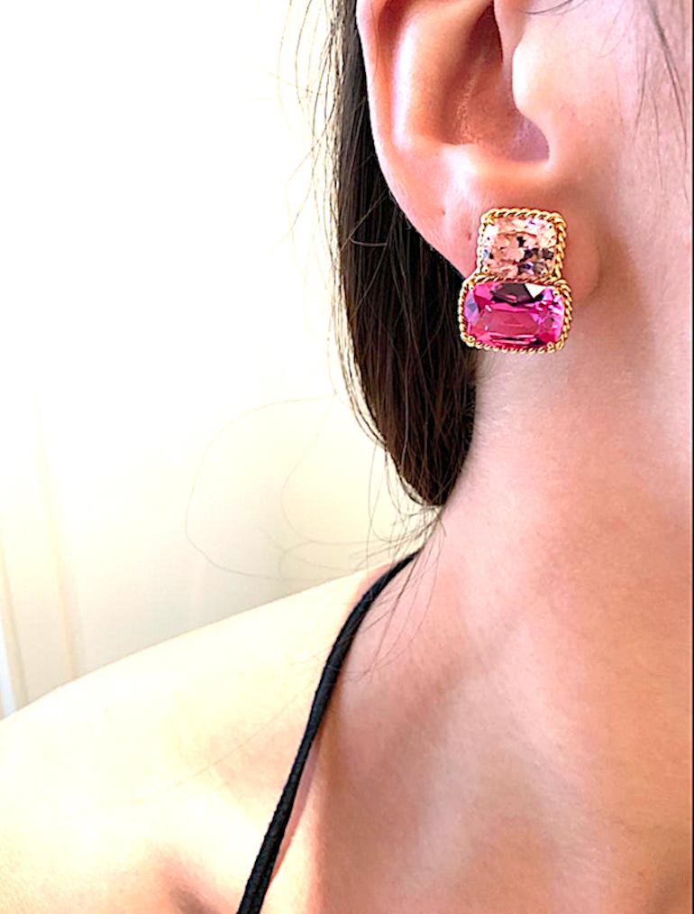 Élégante boucle d'oreille en or jaune 18 carats avec topaze rose clair et topaze rose vif facettées. Il s'agit d'une boucle d'oreille classique pour le jour ou le soir, qui peut être réalisée avec un clip ou un piercing.

Le sens mesure 3/4