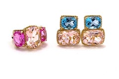 Rope Twist Border Earrings with Blue Topaz and Pink Topaz