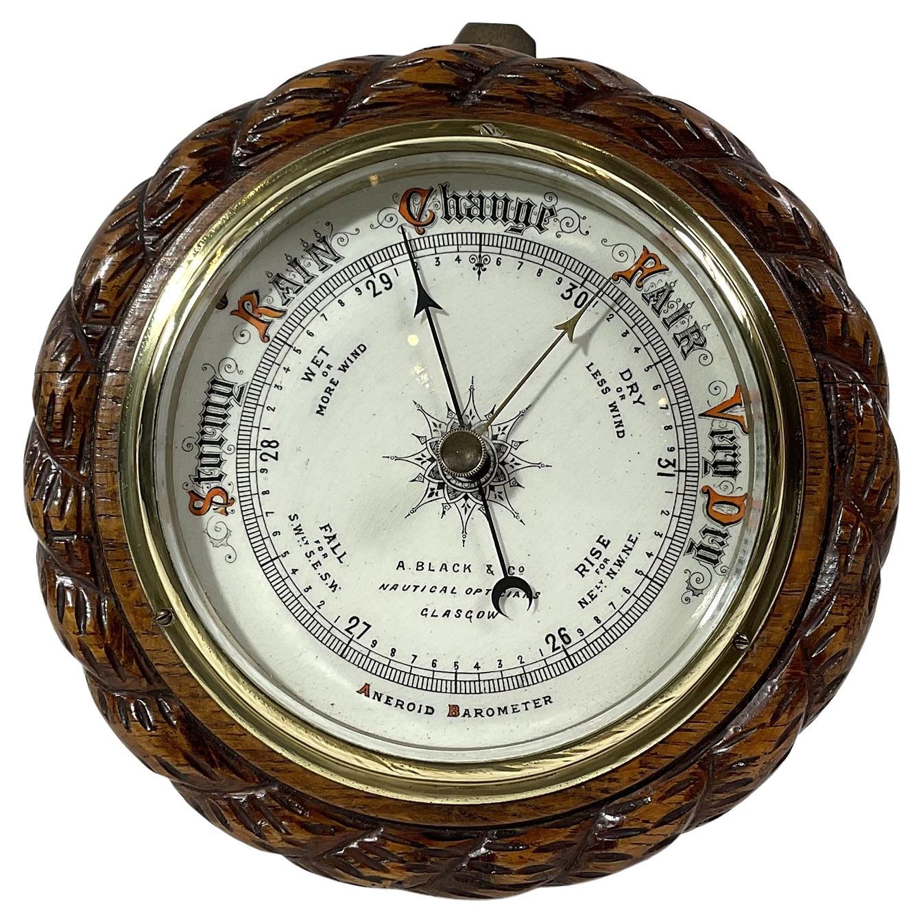 Rope Twist Carved Oak Nautical Barometer For Sale