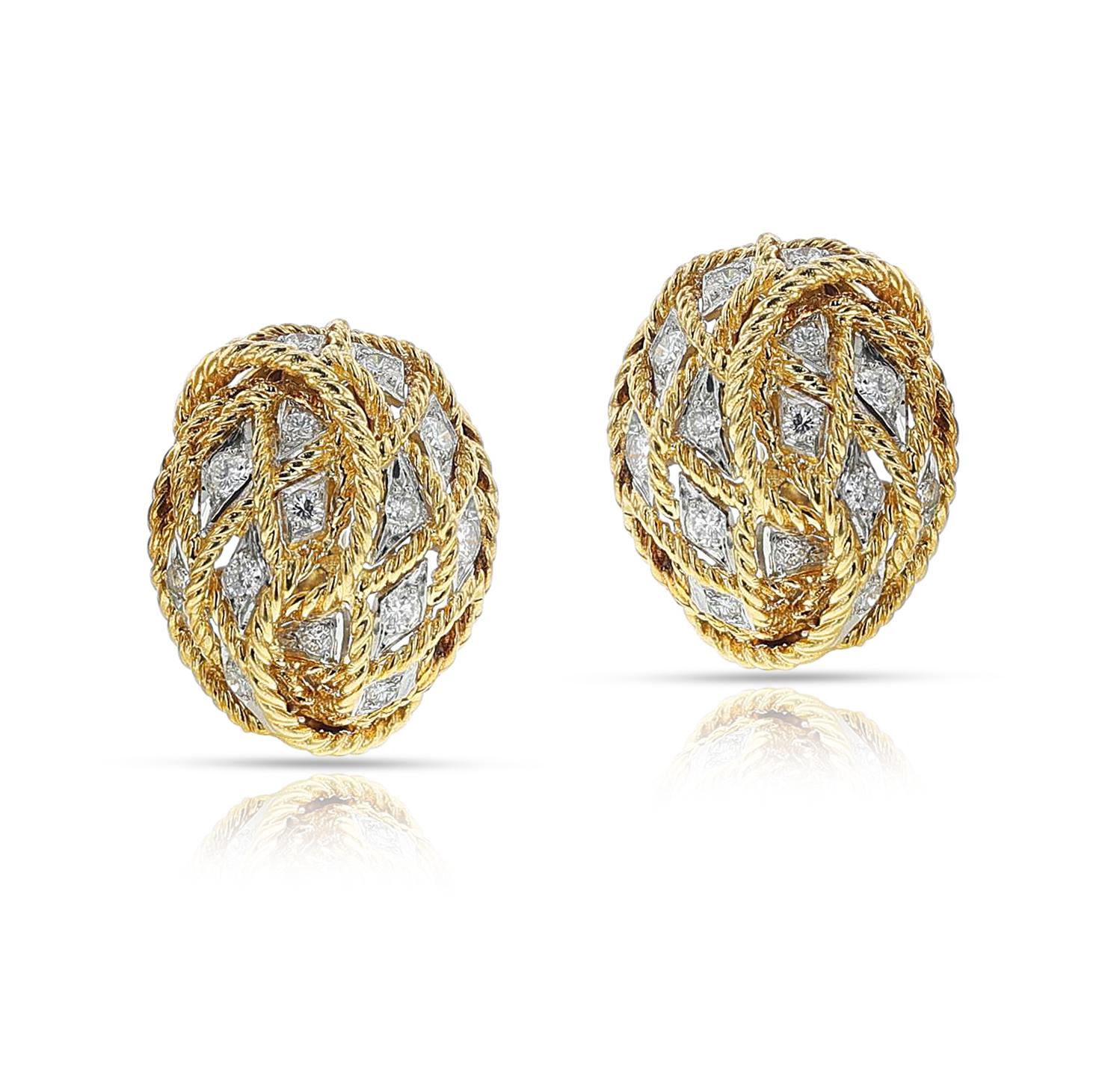 A pair of Rope-work Gold and Diamond Earrings made in 18k. The diamonds weigh appx. 1.15 carats. The total weight is 20.50 grams. The total length is 15/16 inches.