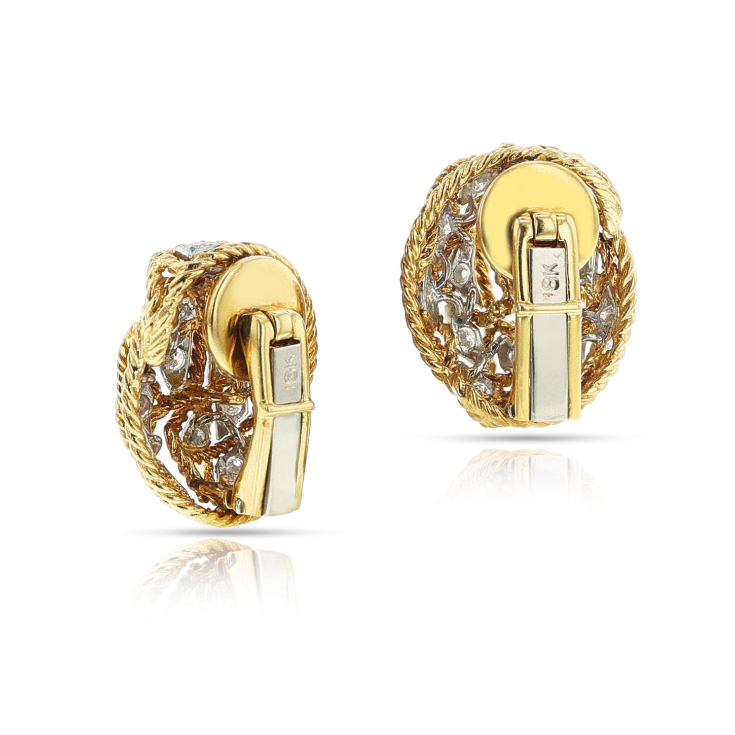 Round Cut Rope-work Gold and Diamond Earrings, 18k For Sale