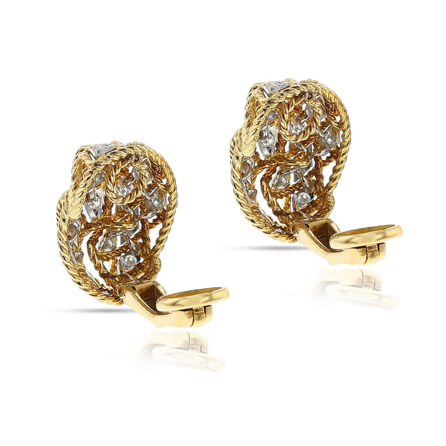 Rope-work Gold and Diamond Earrings, 18k In Excellent Condition For Sale In New York, NY