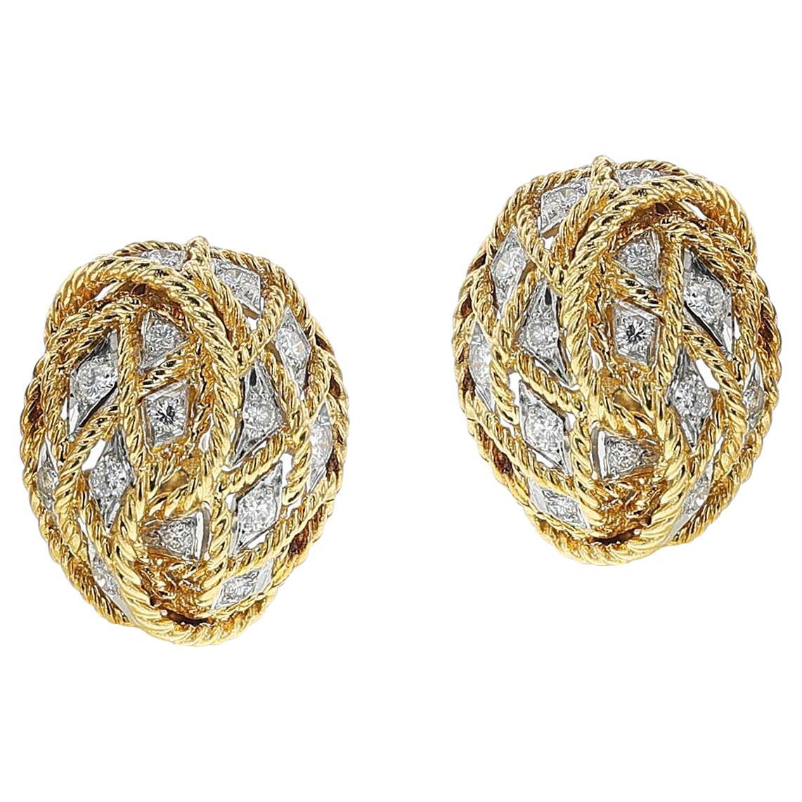 Rope-work Gold and Diamond Earrings, 18k For Sale
