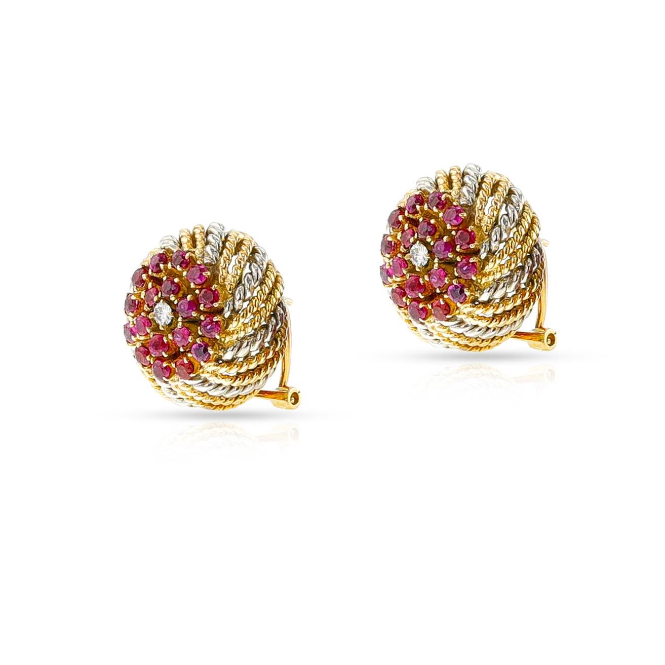 Round Cut Rope-Work Yellow and White Gold Ruby and Diamond Earrings, 14k For Sale