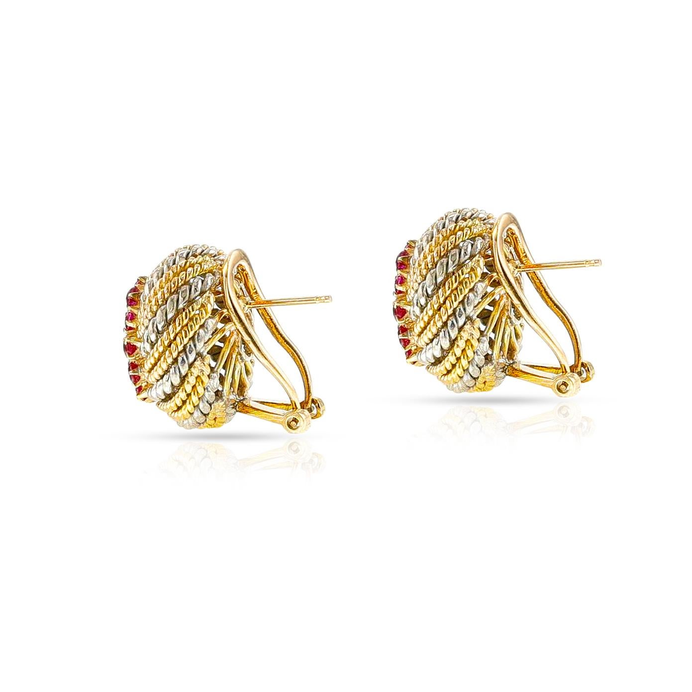 Rope-Work Yellow and White Gold Ruby and Diamond Earrings, 14k In Excellent Condition For Sale In New York, NY
