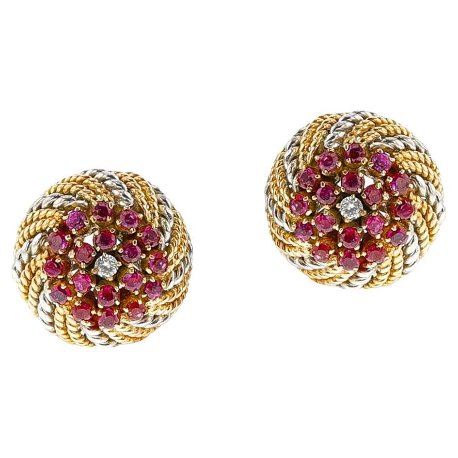 Rope-Work Yellow and White Gold Ruby and Diamond Earrings, 14k For Sale