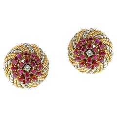 Retro Rope-Work Yellow and White Gold Ruby and Diamond Earrings, 14k