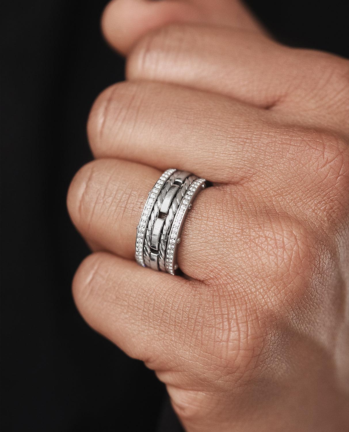 Three bold-looking rings, pave set with 1.05ct brilliant cut round white diamonds, connected by the signature exclusive Rockford screws with rope designs flowing in between the bands. Our ROPES ring has a very modern, striking look with a special