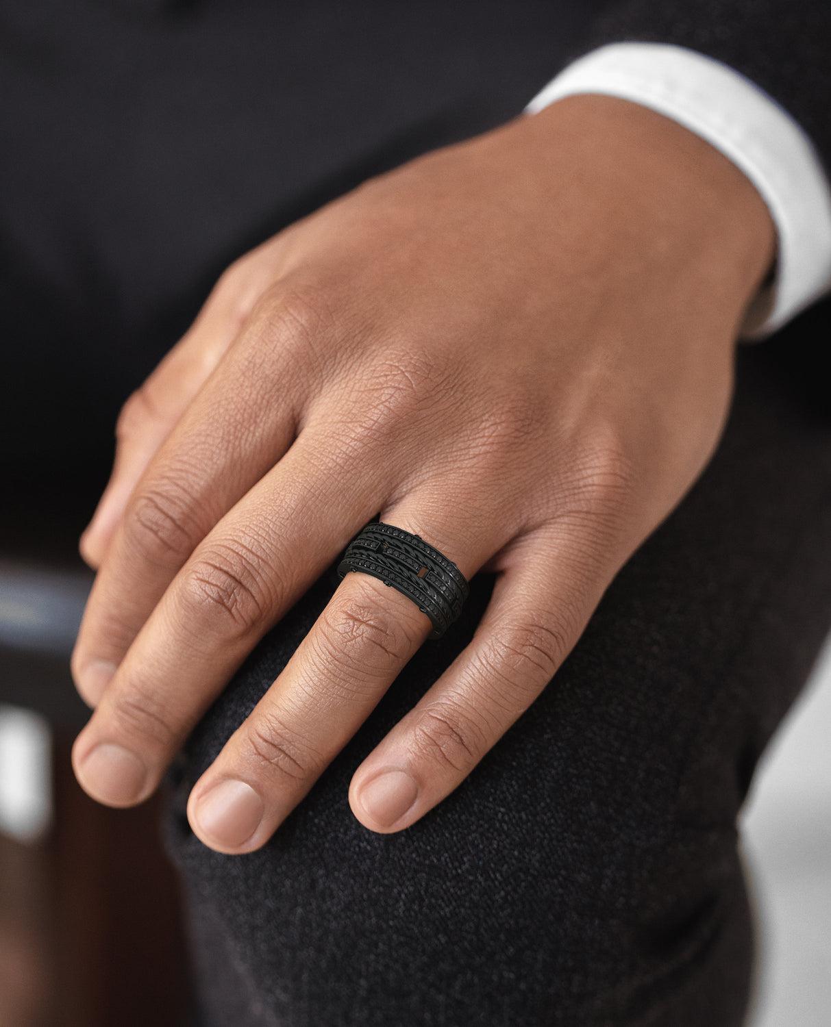 Three bold-looking rings, pave set with 1.45ct brilliant cut round black diamonds connected by signature exclusive Rockford screws with rope designs flowing in between the bands, our ROPES EverBlak gold ring has a very modern, striking look with a