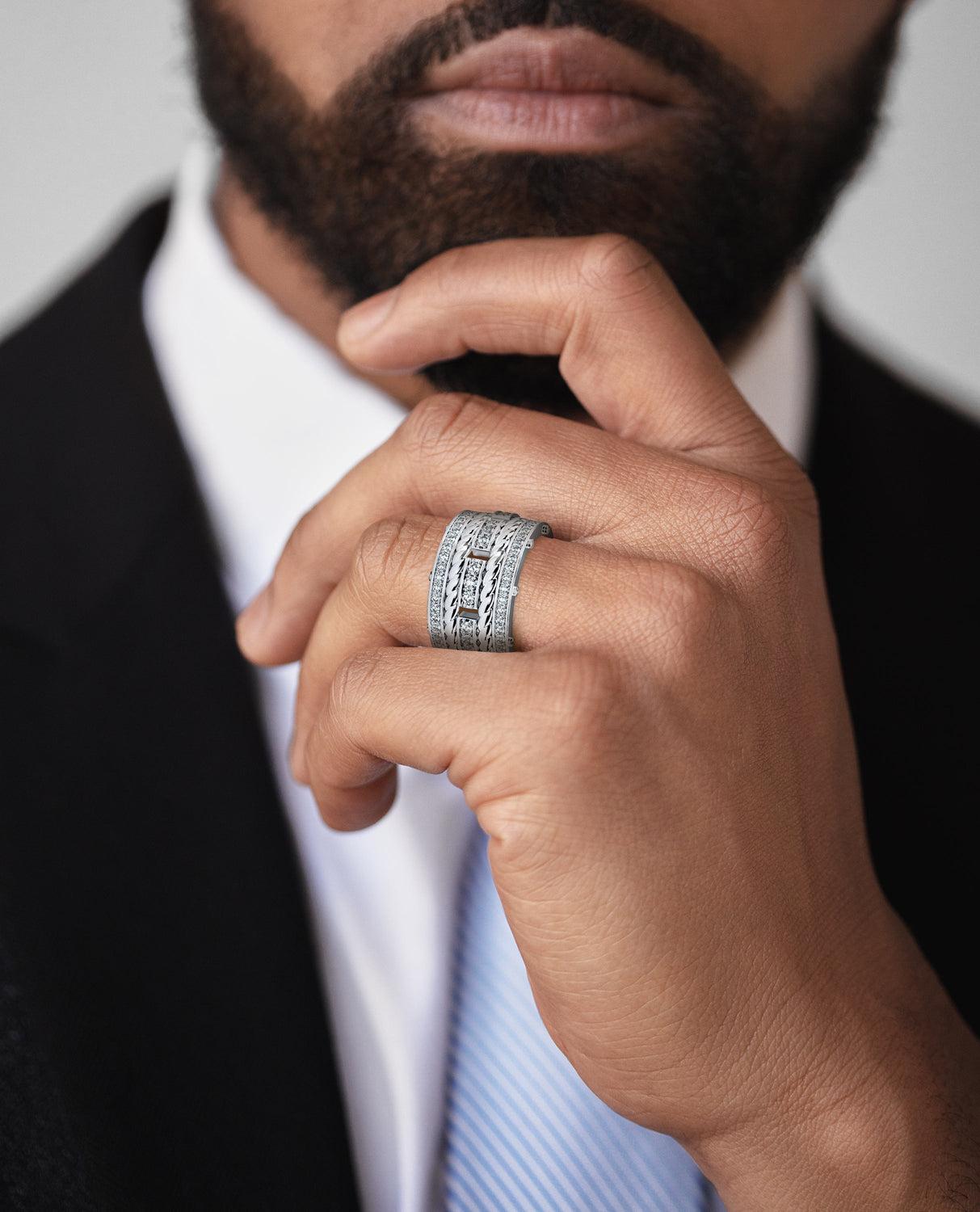 Three bold-looking rings, pave set with 2.40ct brilliant cut round white diamonds, connected by the signature exclusive Rockford screws with rope designs flowing in between the bands. Our ROPES ring has a very modern, striking look with a special