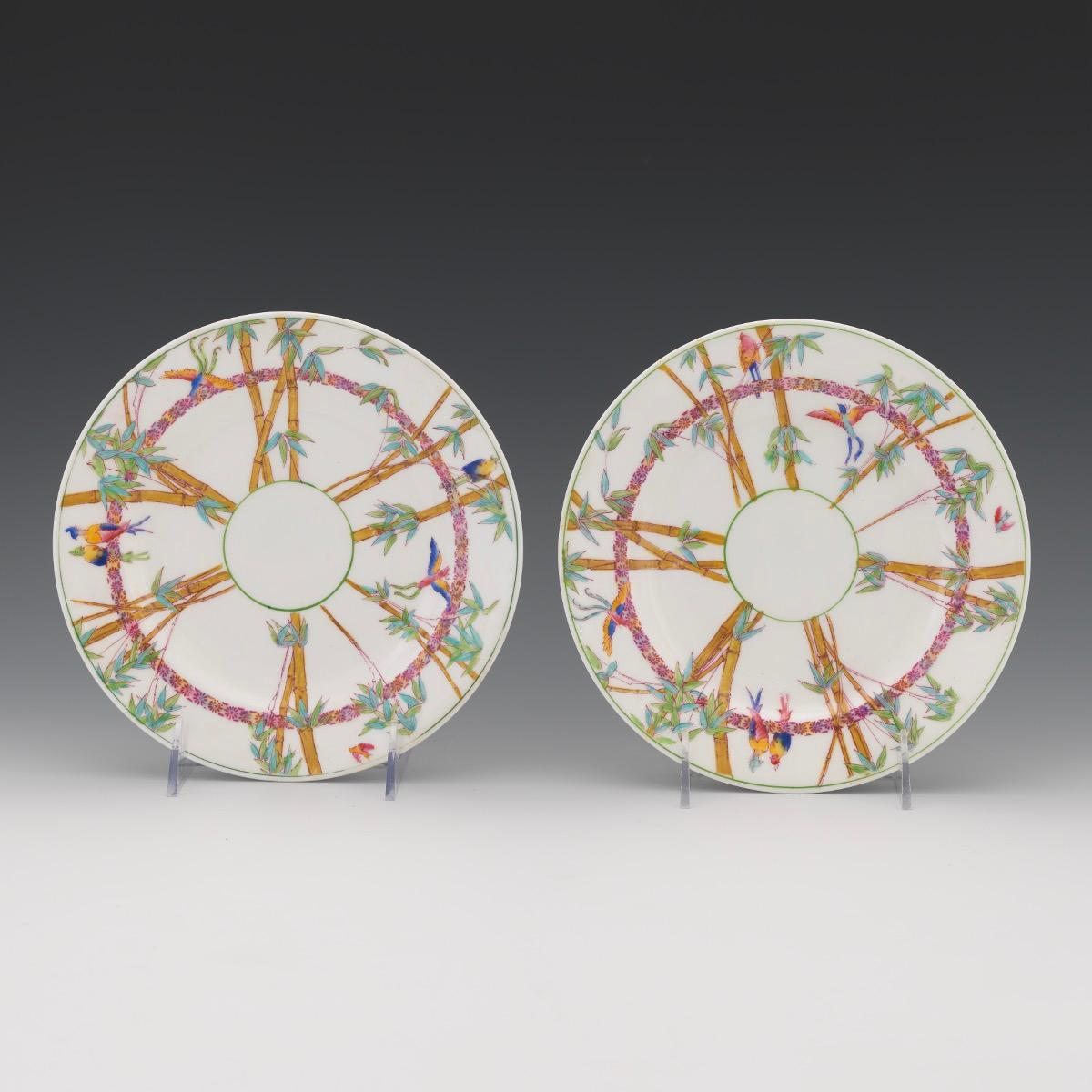 Tropical birds amongst bamboo set of 12 plates,
George Jones & Sons for Tiffany & Co.
Early 20th century

The George Jones porcelain plates are each decorated with a charming design of roosting and flying exotic tropical birds amongst bamboo