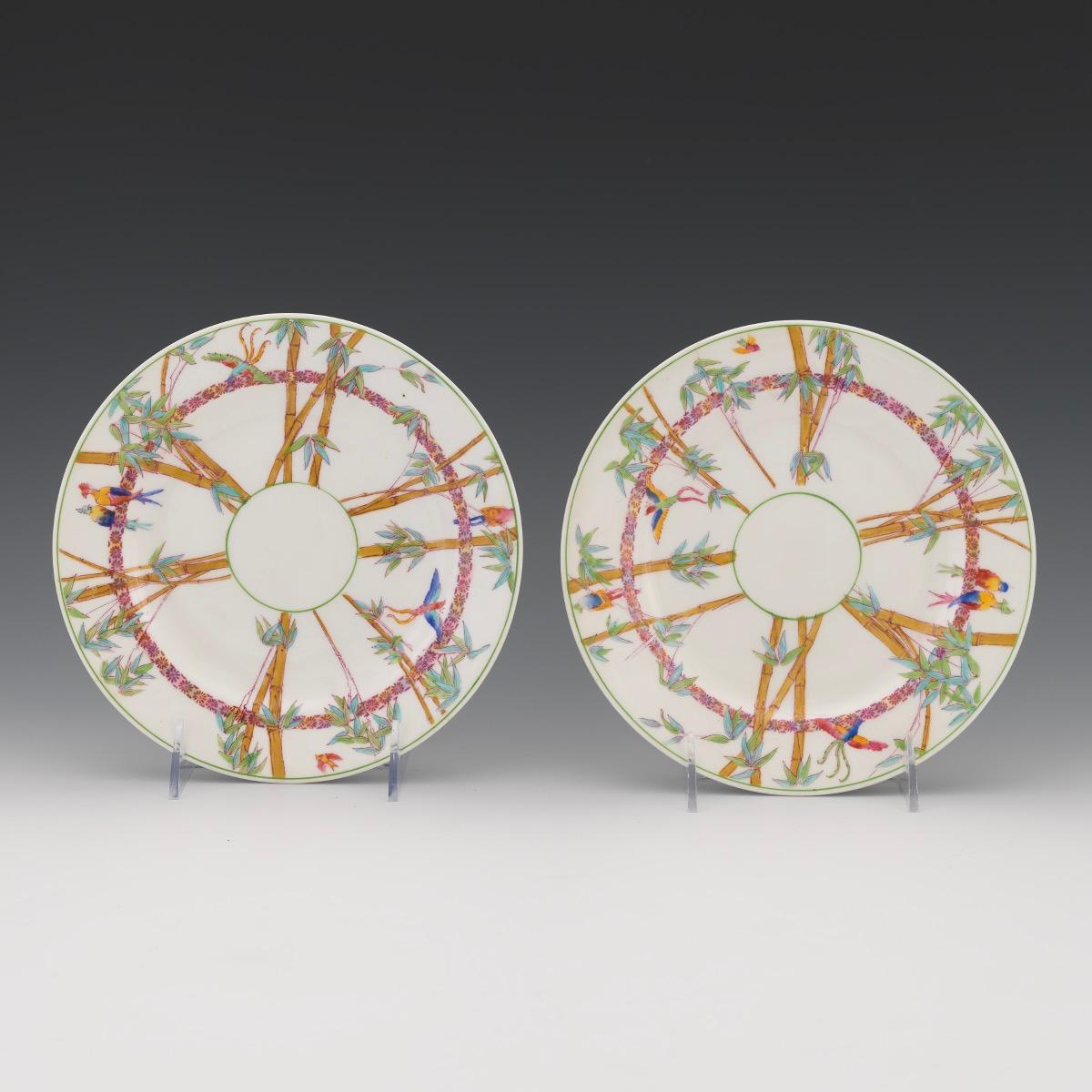 Aesthetic Movement Tropical Birds Amongst Bamboo Set of 12 Plates, George Jones & Sons for Tiffany