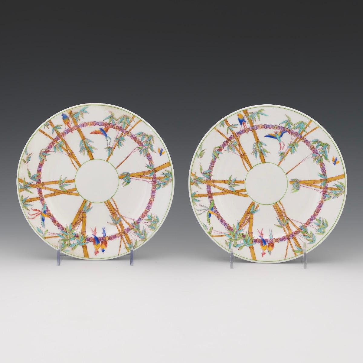 20th Century Tropical Birds Amongst Bamboo Set of 12 Plates, George Jones & Sons for Tiffany