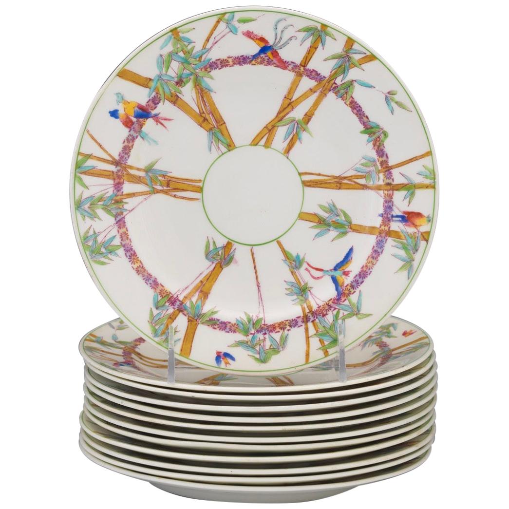 Tropical Birds Amongst Bamboo Set of 12 Plates, George Jones & Sons for Tiffany