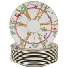 Tropical Birds Amongst Bamboo Set of 12 Plates, George Jones & Sons for Tiffany