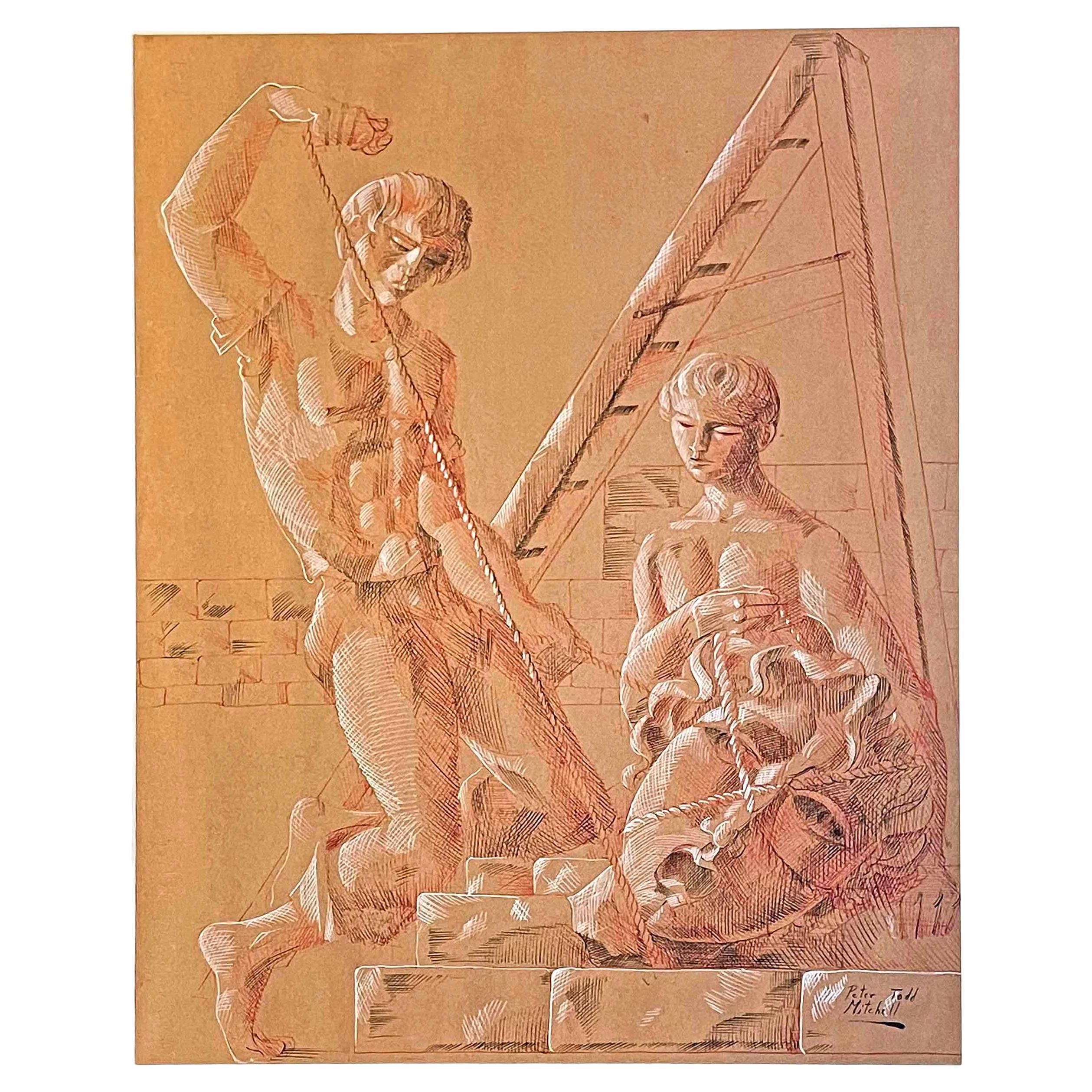 "Roping Sculpture", Drawing of Two Youths w/ Classical Stone Head, Burnt Sienna For Sale