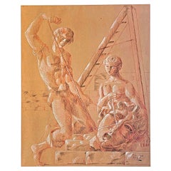 Retro "Roping Sculpture", Drawing of Two Youths w/ Classical Stone Head, Burnt Sienna