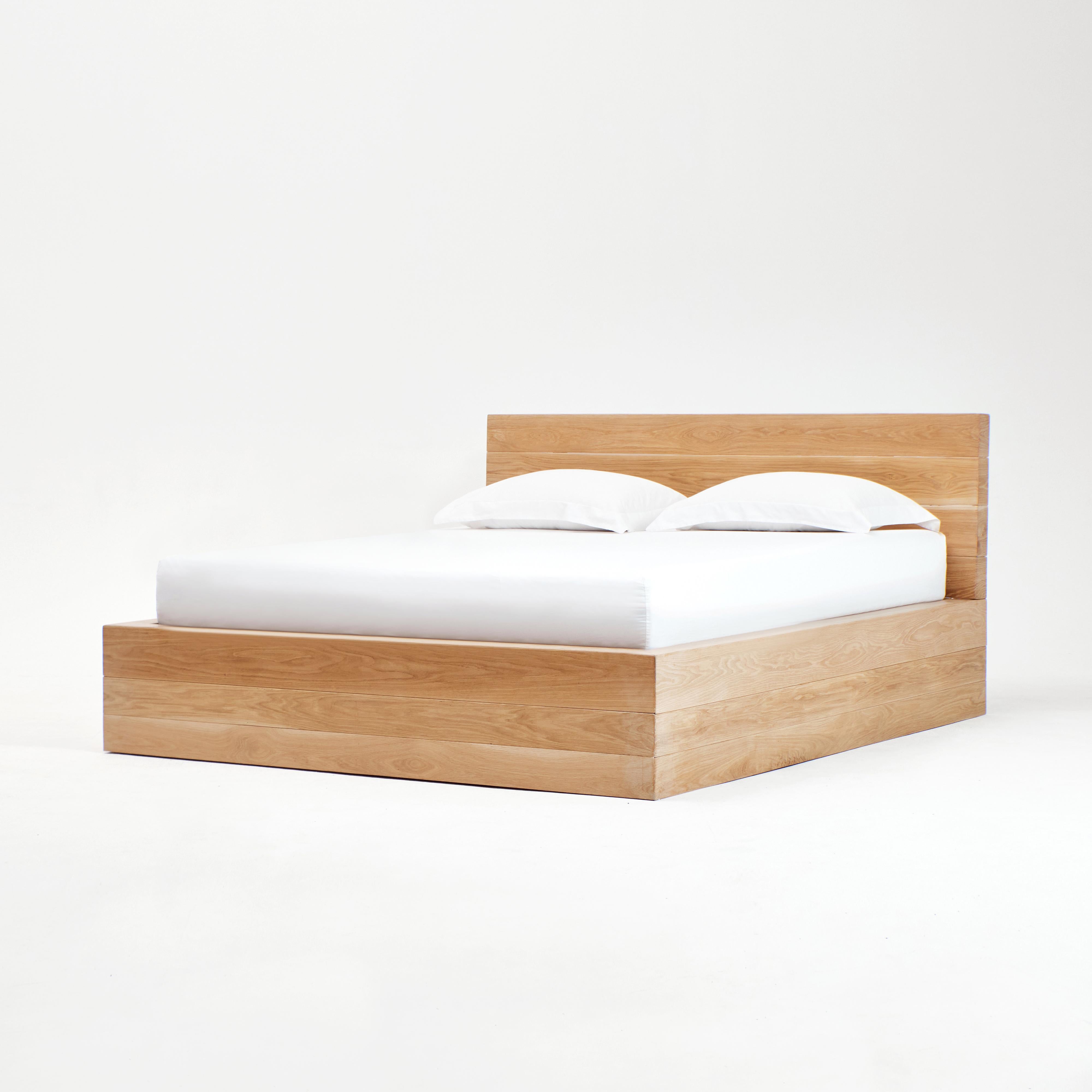 Roque Bed Frame
Designed by Project 213A in 2023

Bed and headboard are made from individual sized solid oak elements.
Mattress not included.
Headboard height - 101 cm

Picture shows Roque Bed with a king size US mattress: 193 x 203 cm / 76″ x