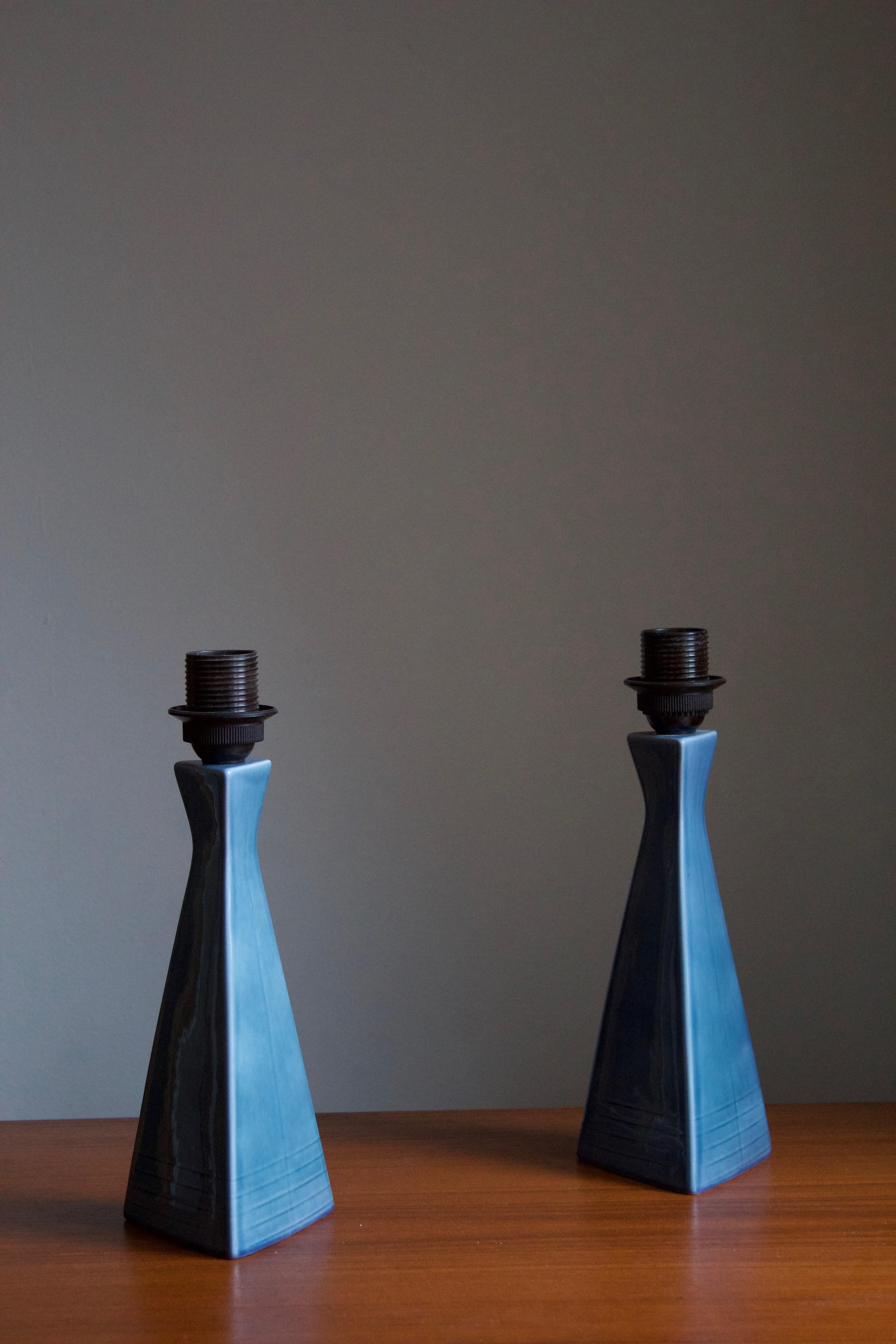 Mid-Century Modern Rörstand, Table Lamps, Blue Glazed Ceramic, Fabric, Sweden, 1950s