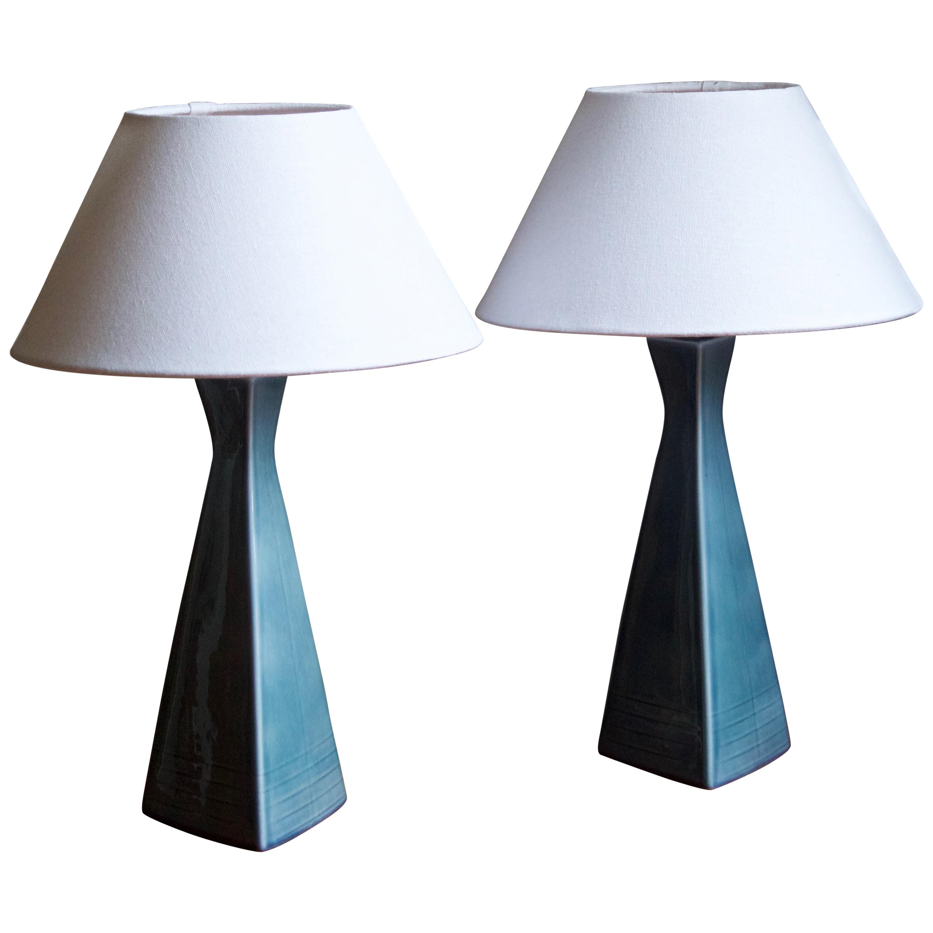 Rörstand, Table Lamps, Blue Glazed Ceramic, Fabric, Sweden, 1950s