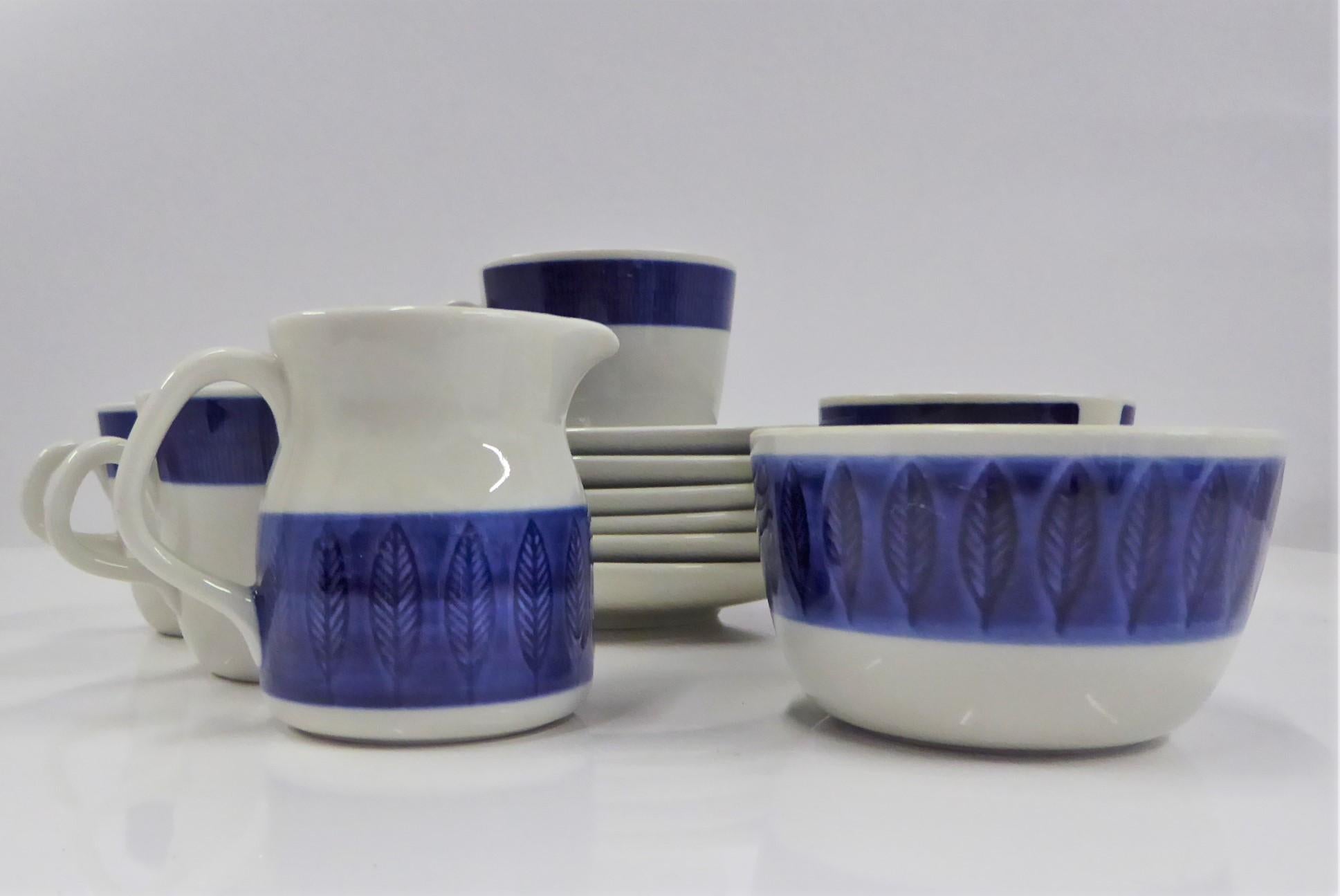 Swedish Rörstrand Coffee / Tea Set Koka Blå Pattern Designed by Hertha Bengtson, 1950s