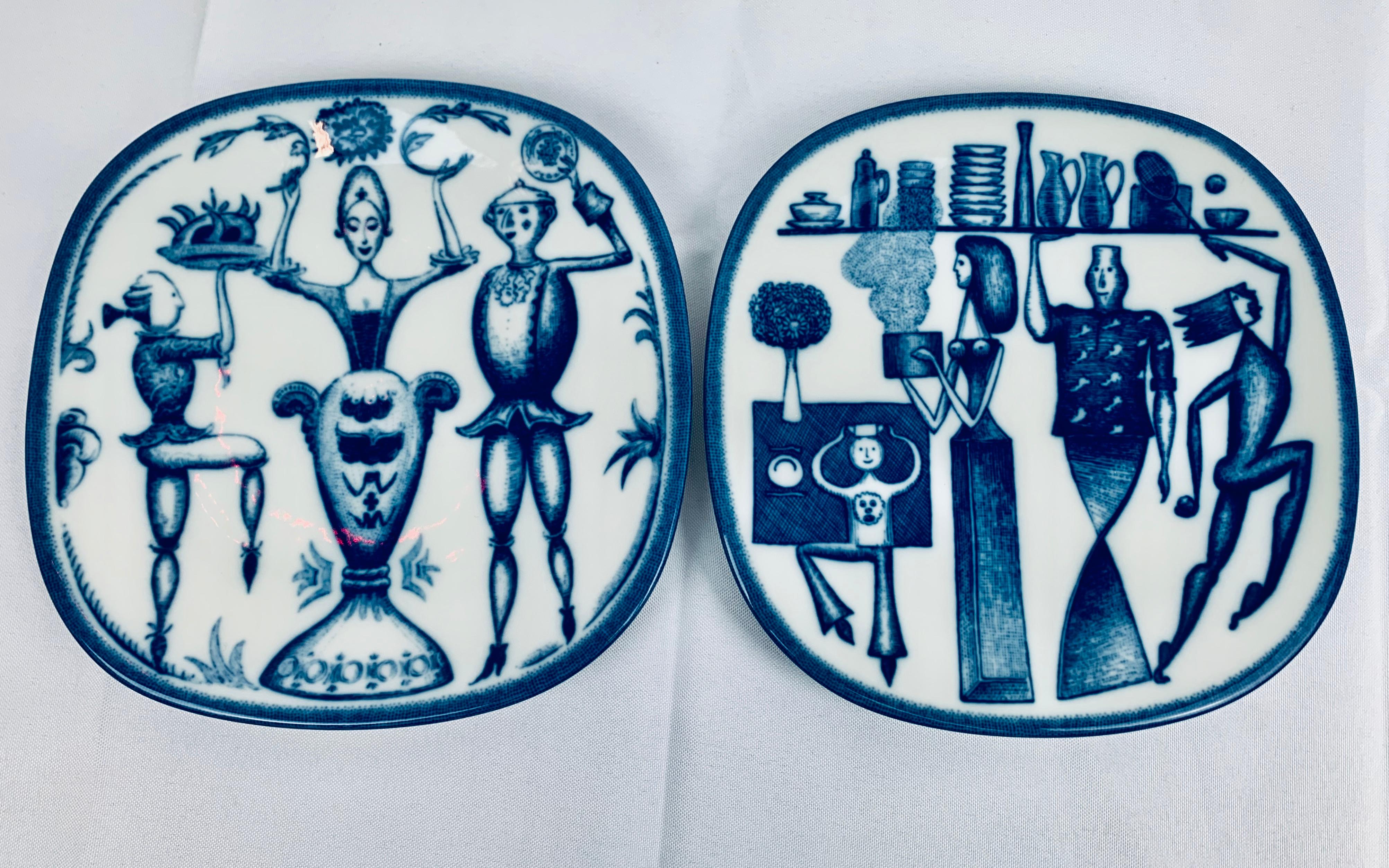 Pair of Rörstrand porcelain commemorative plates decorated in an underglaze cobalt blue coloration. These plates were designed by Niels-Christian Hald, a Swedish illustrator, (born 1933 in Orrefors) for the 250th anniverswary of the company from