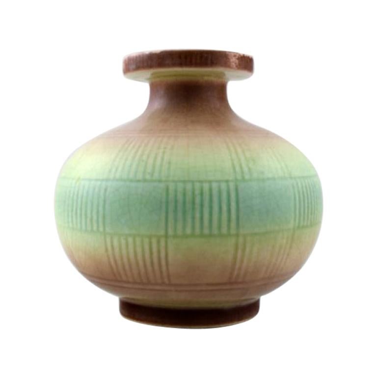 Rörstrand Round Art Deco Vase in Stoneware Geometric Pattern