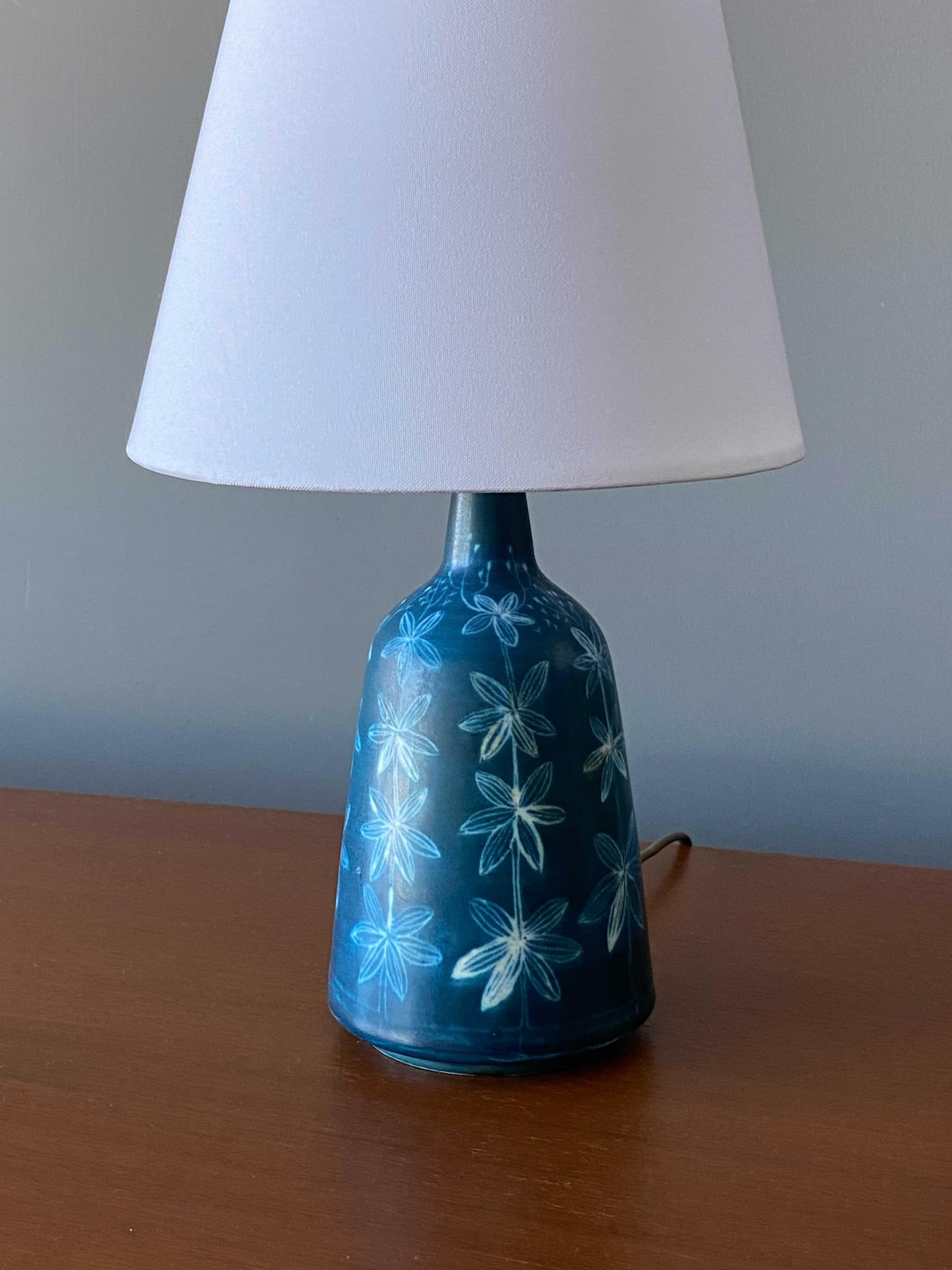 Mid-Century Modern Rörstrand, Small Table Lamp, Blue Glazed Floral Motifs, Stoneware, Sweden, 1960s