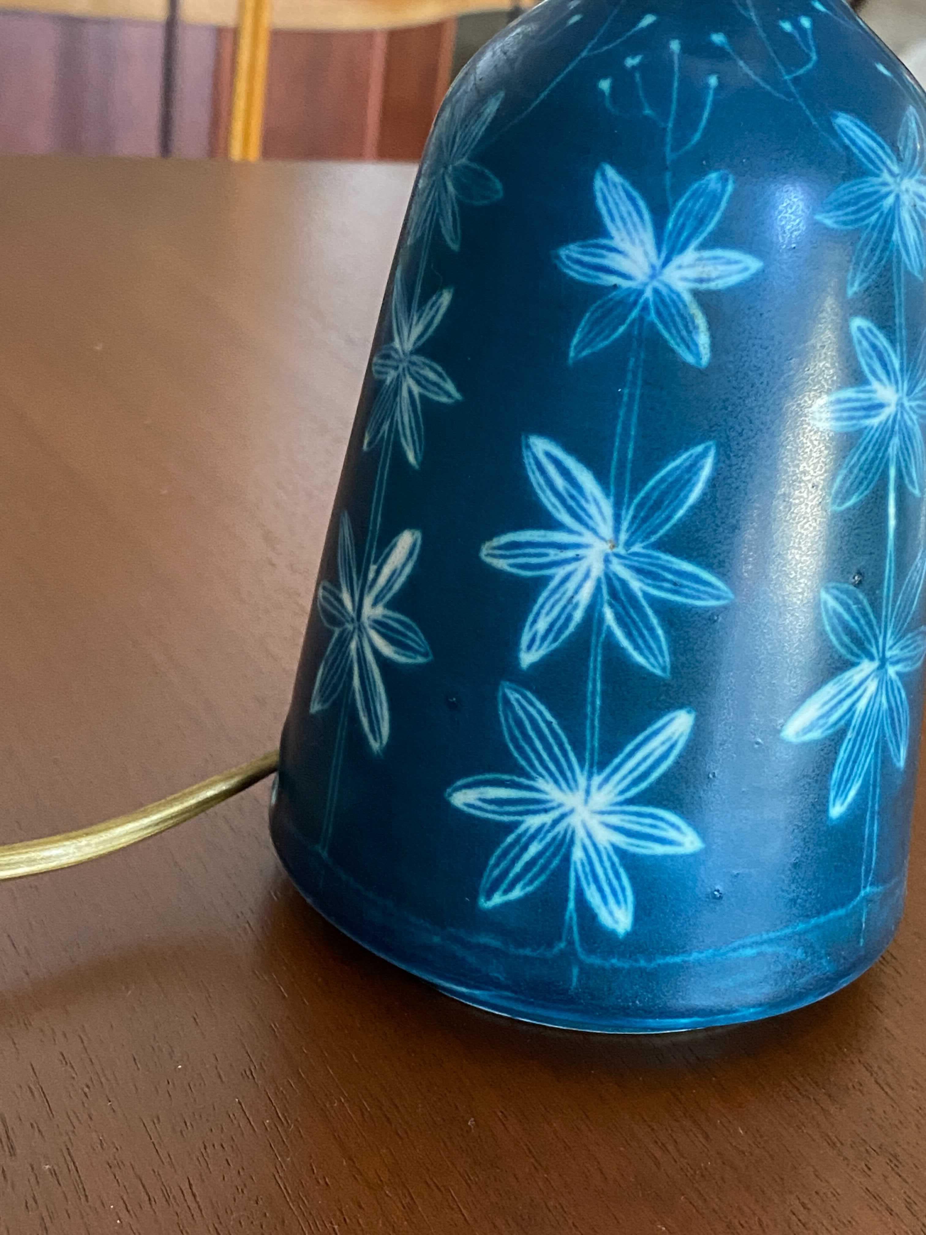 Swedish Rörstrand, Small Table Lamp, Blue Glazed Floral Motifs, Stoneware, Sweden, 1960s