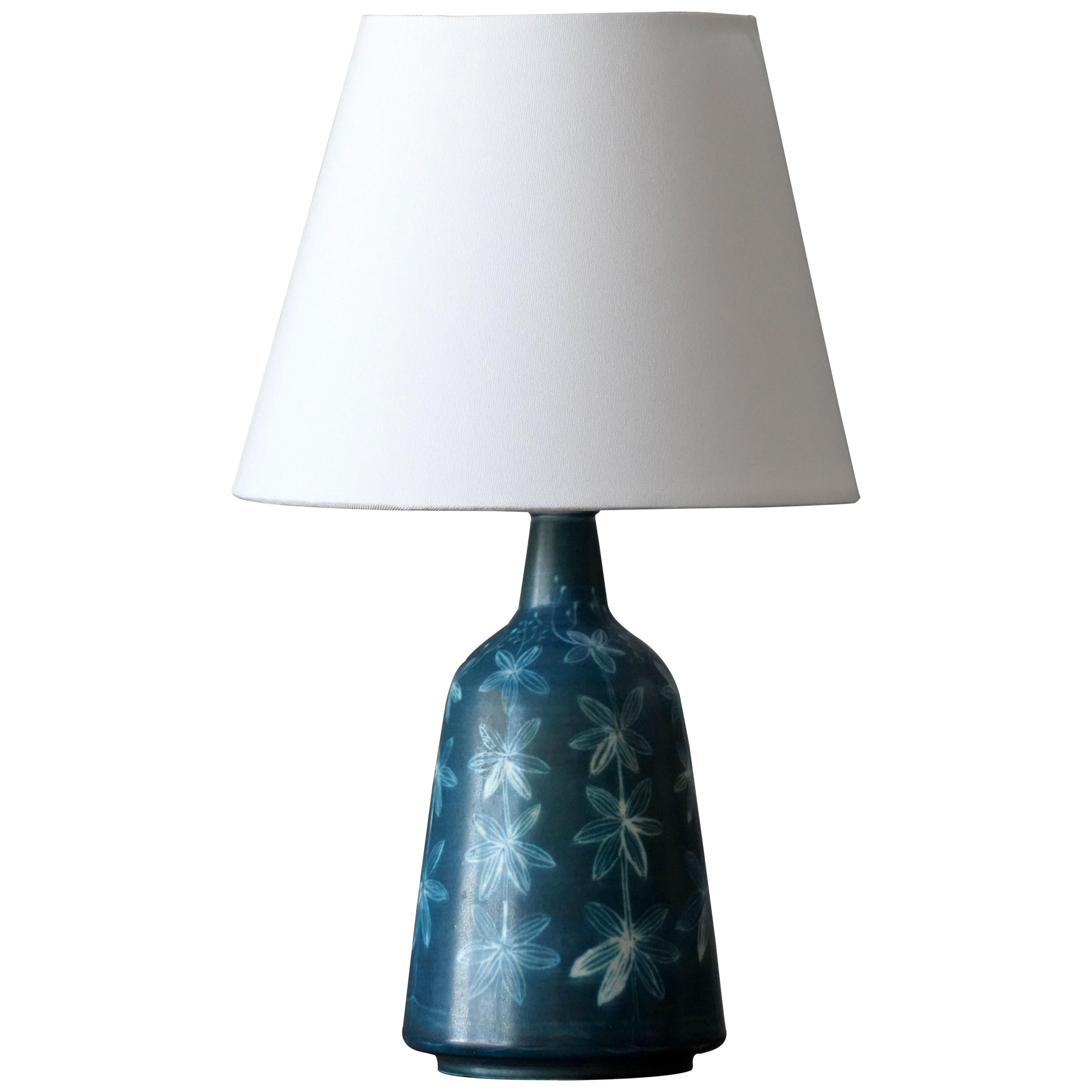 Rörstrand, Small Table Lamp, Blue Glazed Floral Motifs, Stoneware, Sweden, 1960s