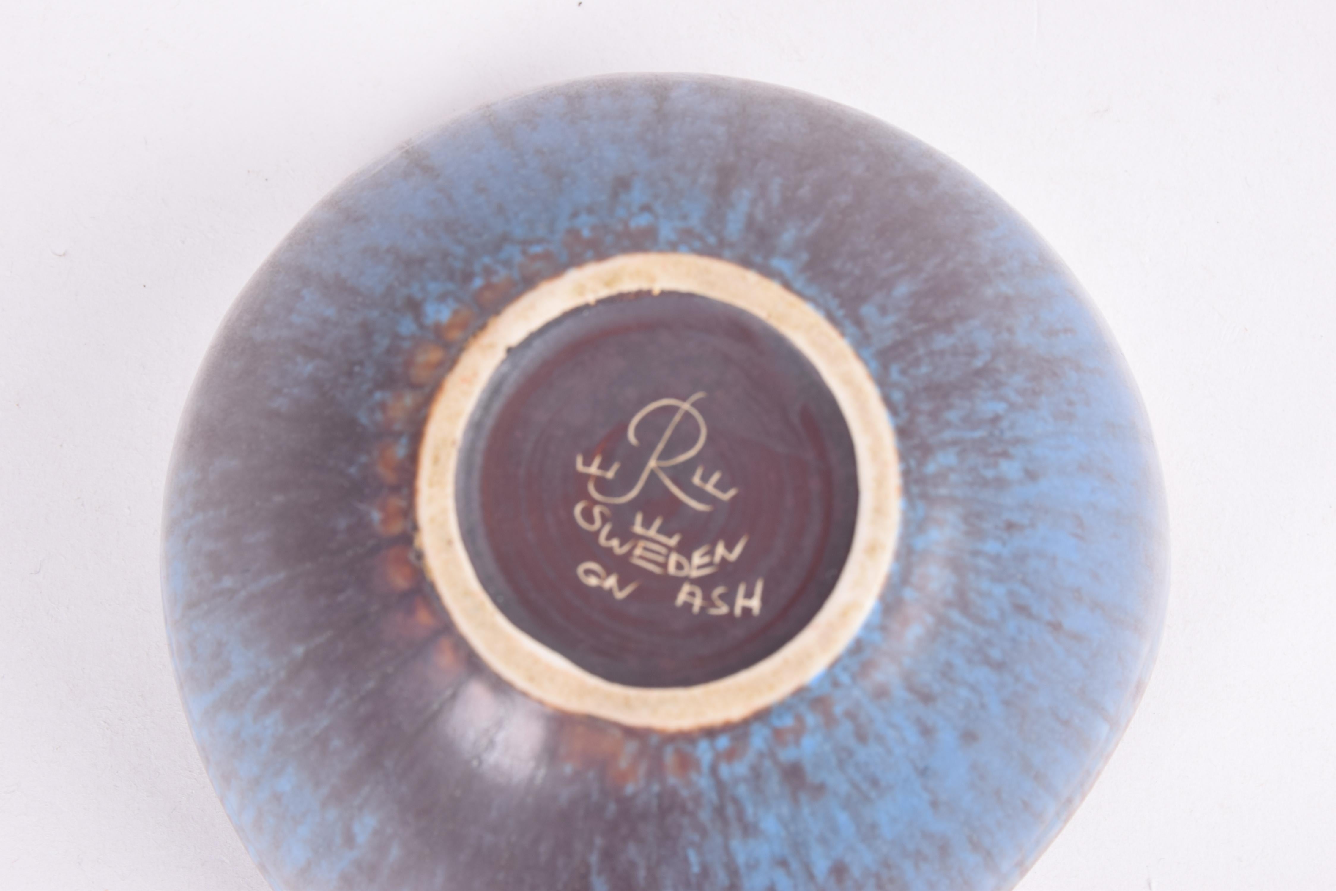 Cuenco Rörstrand Suecia ASH Azul Marrón Esmaltado Moteado, Gunnar Nylund Cerámica Años 50 en venta 2