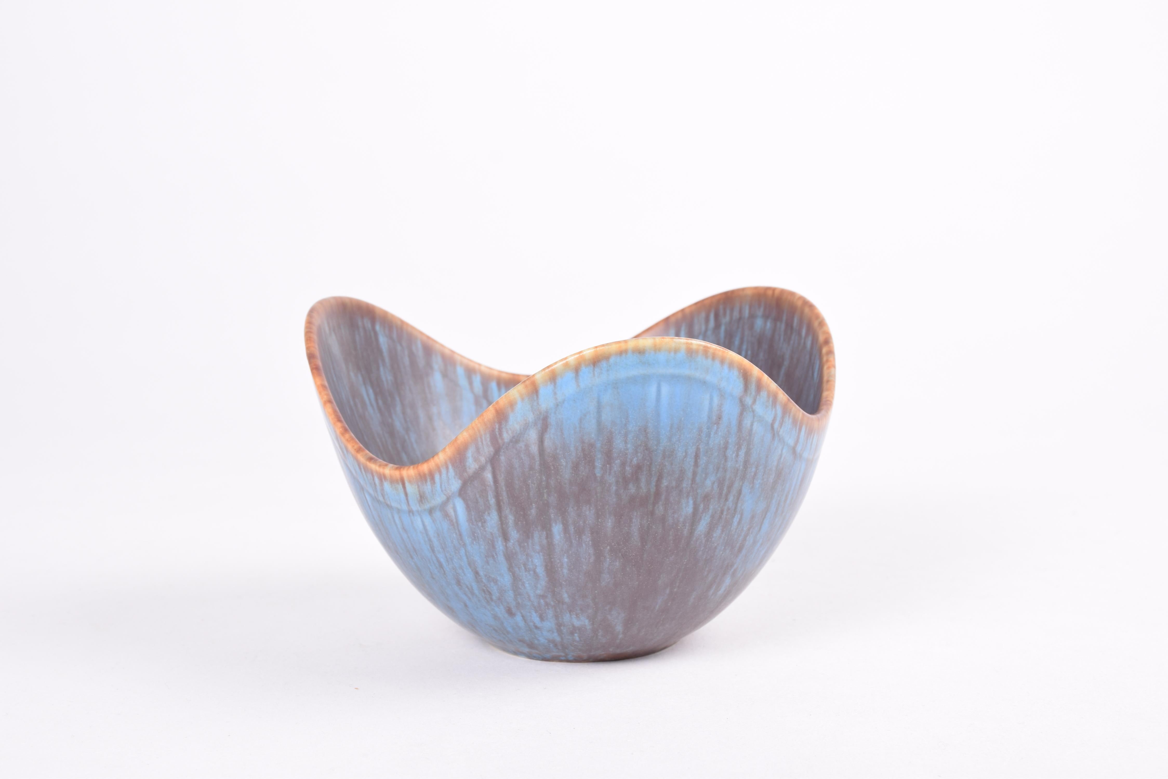 Cuenco Rörstrand Suecia ASH Azul Marrón Esmaltado Moteado, Gunnar Nylund Cerámica Años 50 Escandinavo moderno en venta