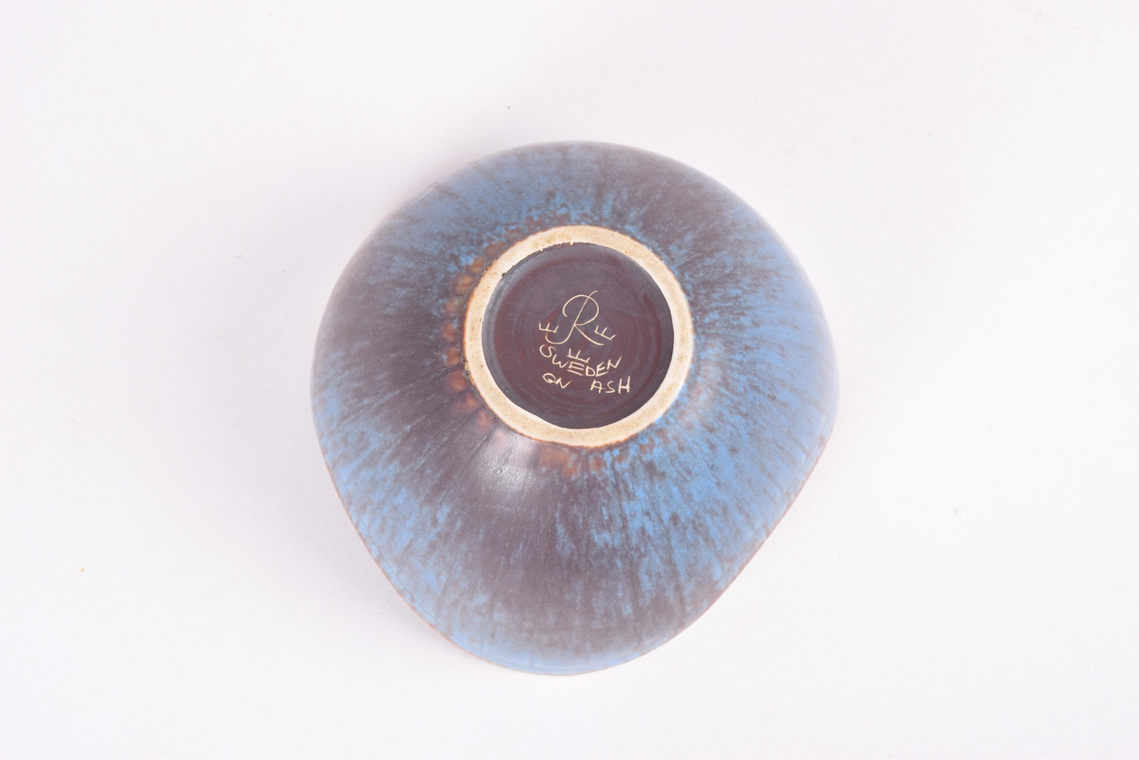 Cuenco Rörstrand Suecia ASH Azul Marrón Esmaltado Moteado, Gunnar Nylund Cerámica Años 50 en venta 1