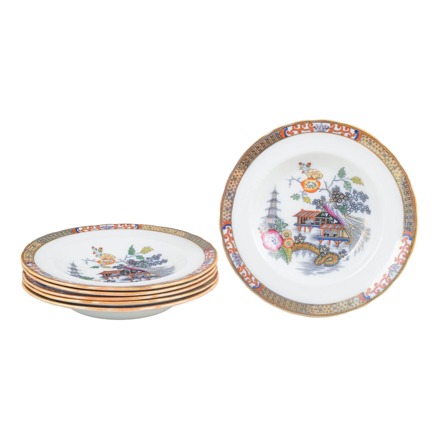 Rörstrand, Sweden. Six deep plates in faience in Japanese style. Early 20th C. For Sale